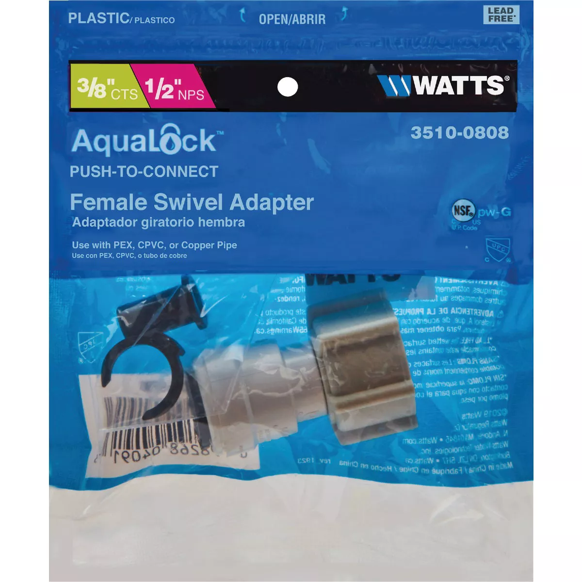 Watts Aqualock 3/8 In. CTS x 1/2 In. FPT Push-to-Connect Plastic Adapter