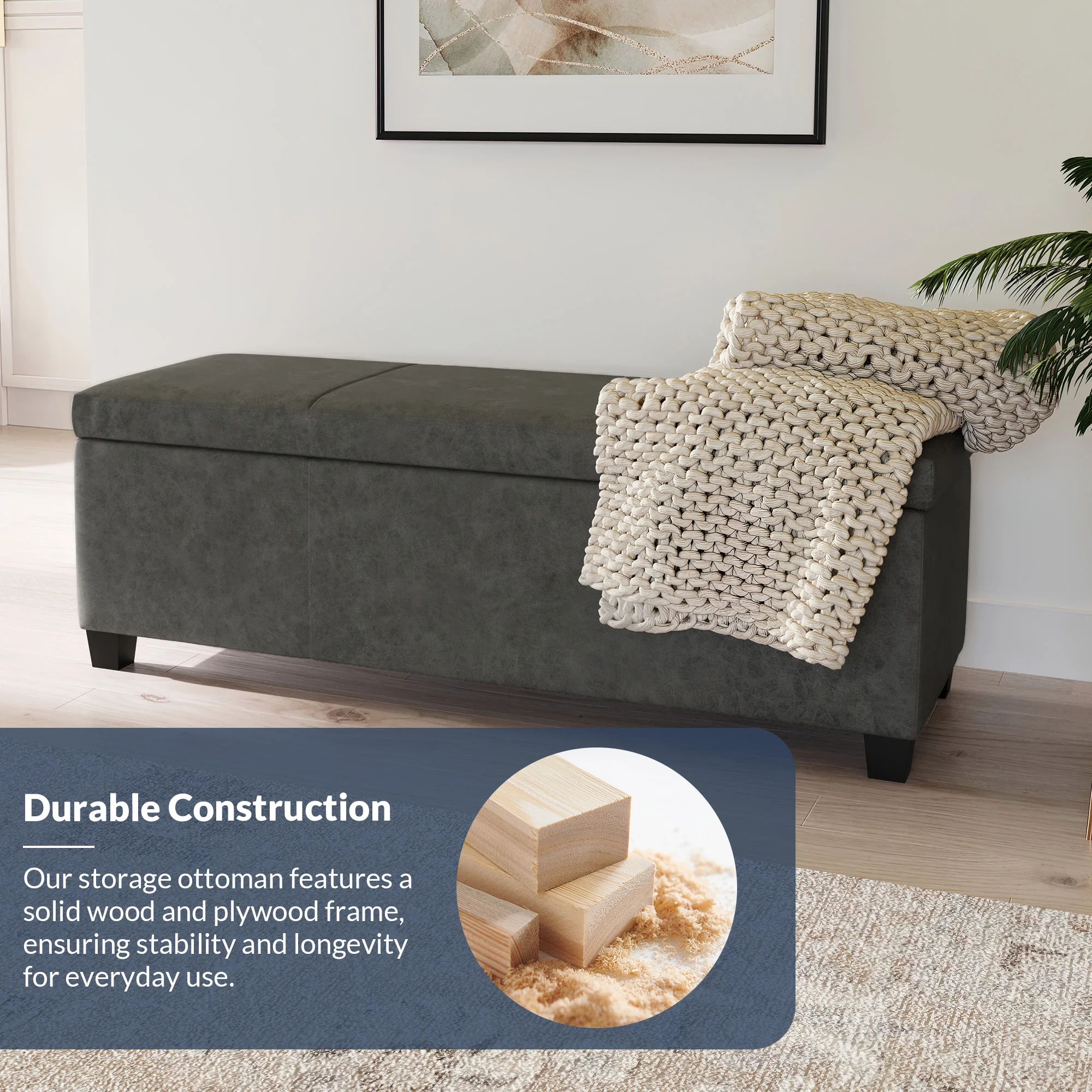 BELLEZE Storage Ottoman Bench Footstool - Amherst (Beige) - Image 35