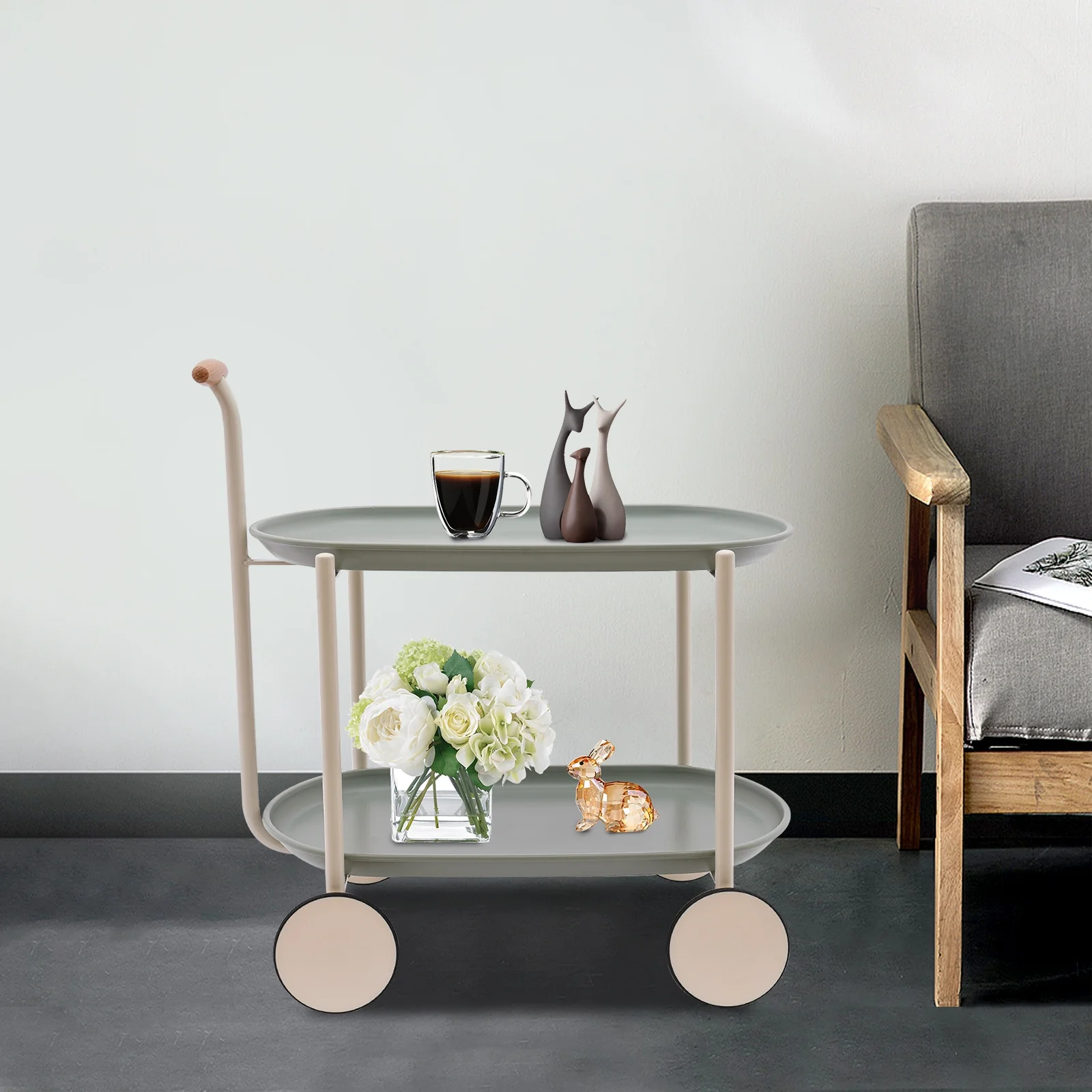 Wildnix Modern 2-Tier Serving Cart with Large Wheels,   Carbon Steel and ABS Structure, Easy Assembly, Open Storage Design for Home and Office Use