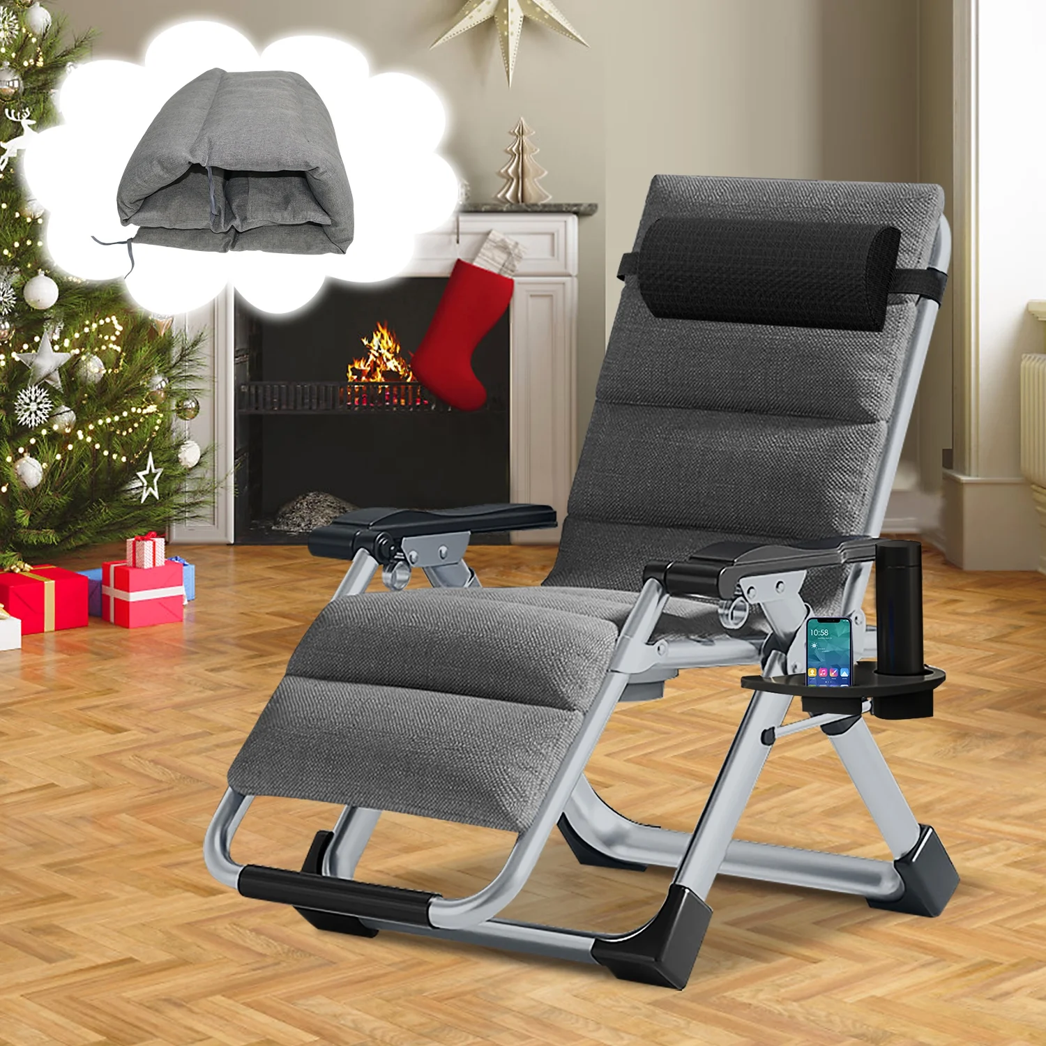 NAIZEA Zero Gravity Chair with Removable Cushion and Cup Holder Black - Image 54