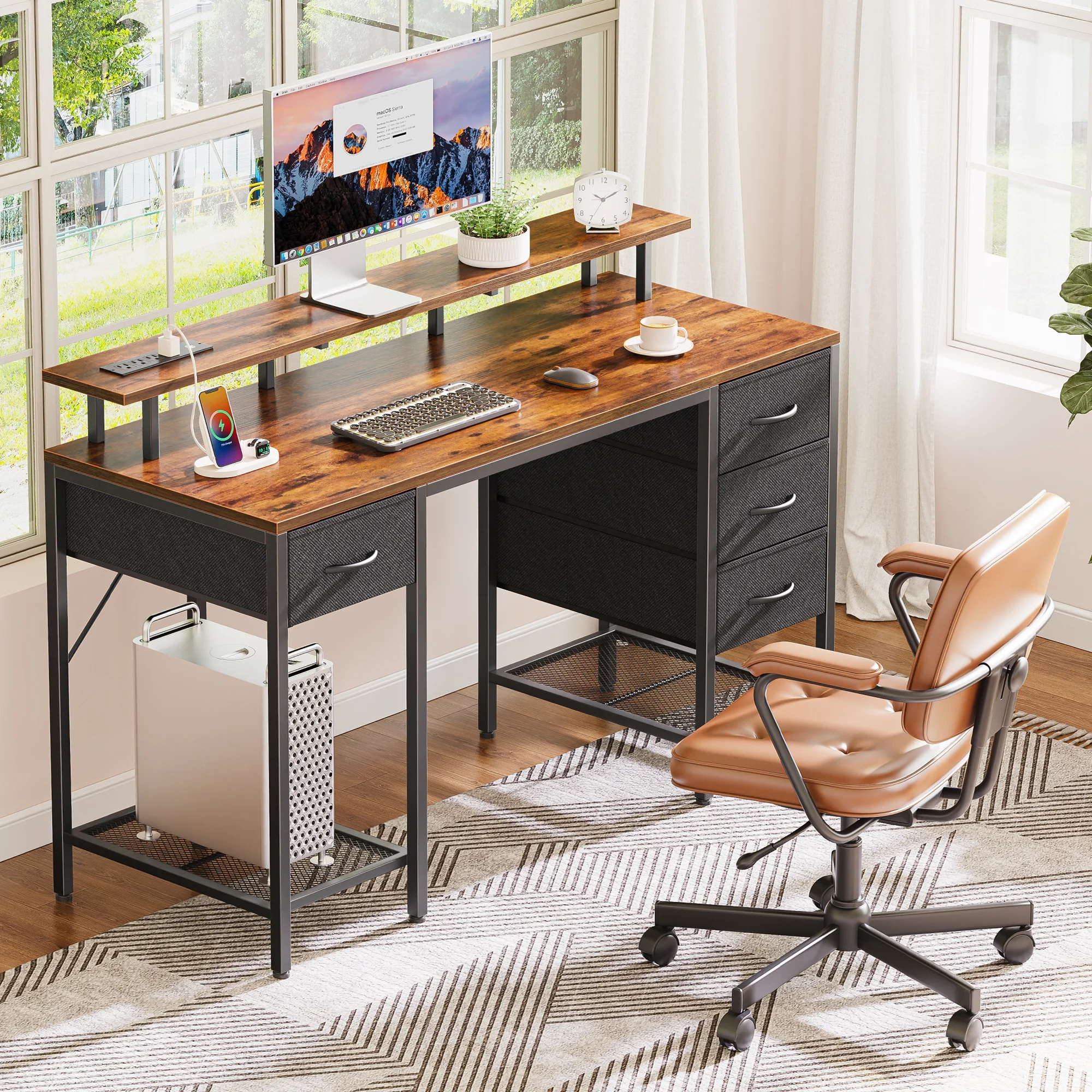 55.1" LED Gaming Desk with Drawers, Computer Desk with Outlets, Office Desk with 4 Drawers, Corner Desk, Writing Desk in White - Image 16