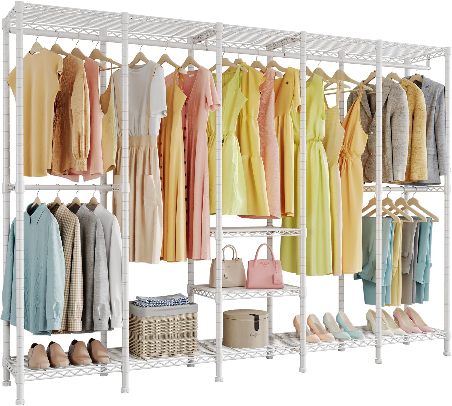 H5 Extra Large Heavy Duty Clothes Rack, Wire Garment Rack, Freestanding Clothing Rack for Hanging Clothes, Wardrobe Closet with Adjustable Shelf, 93.3