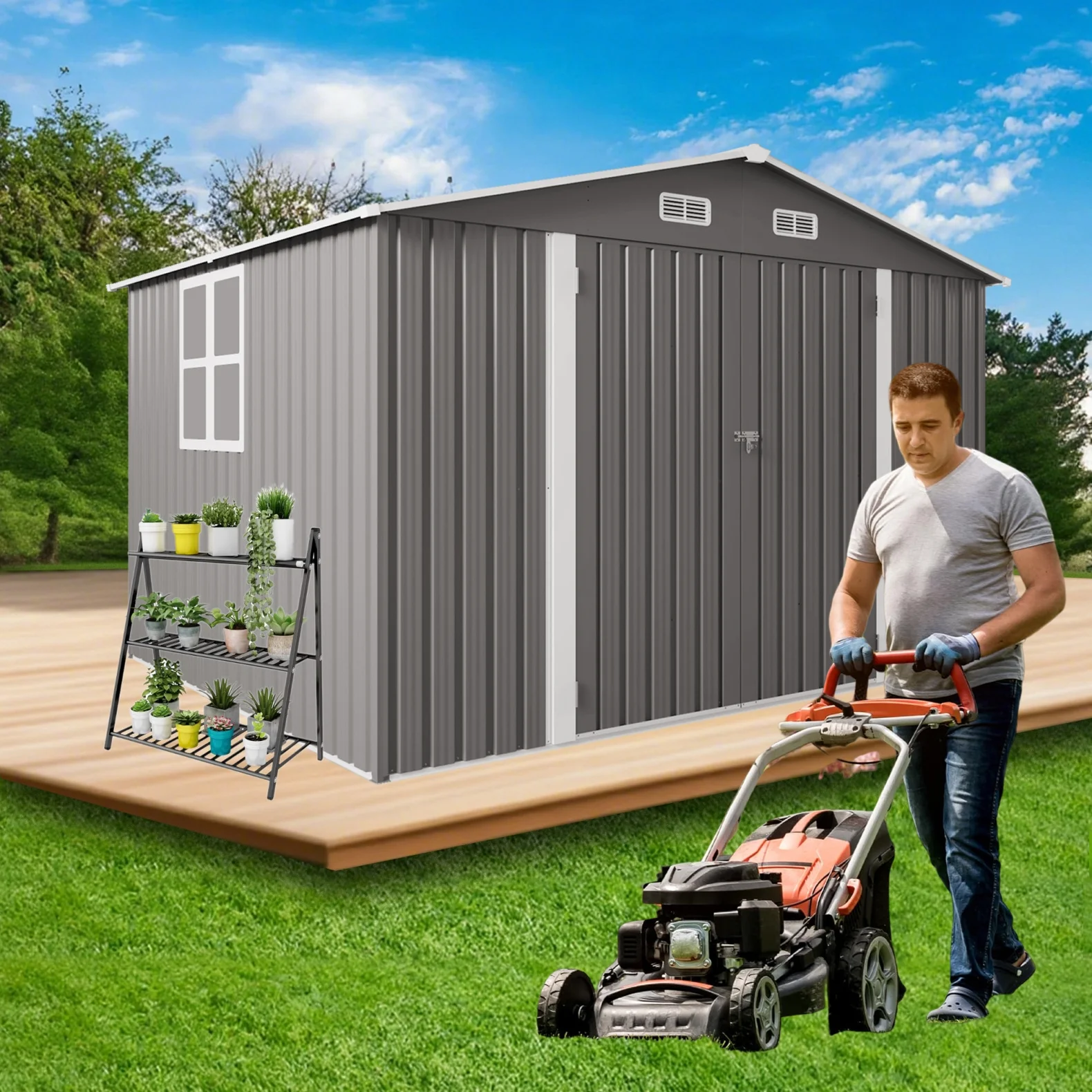 10 x 8 FT Outdoor Storage Shed, Large Metal Storage Shed, Lockable Door and Air Vent, Clear Window Garden Tool Shed for Bicycles, Tools, Lawnmowers, Backyards, Patios, Lawns - Gray - Image 4