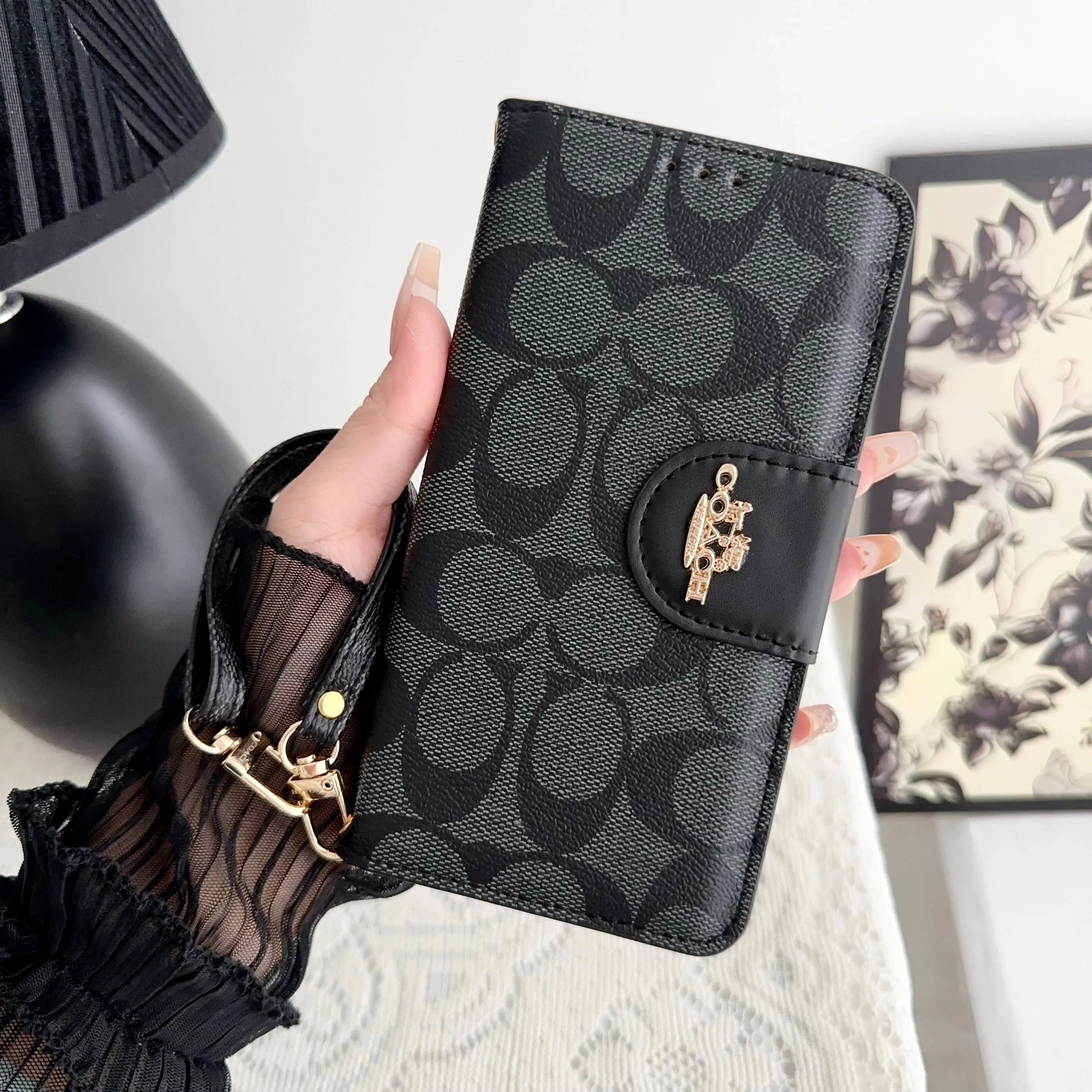 Coach iPhone Case  Leather Flip Case with Card Holder Black-PTK241622 - Wholesale & Influencer