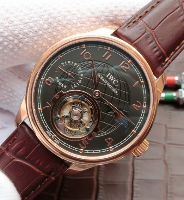 Replica IWC Portuguese Tourbillon Power Reserve Moonphase RG Markers Black Dial - Elite Watch Atelier