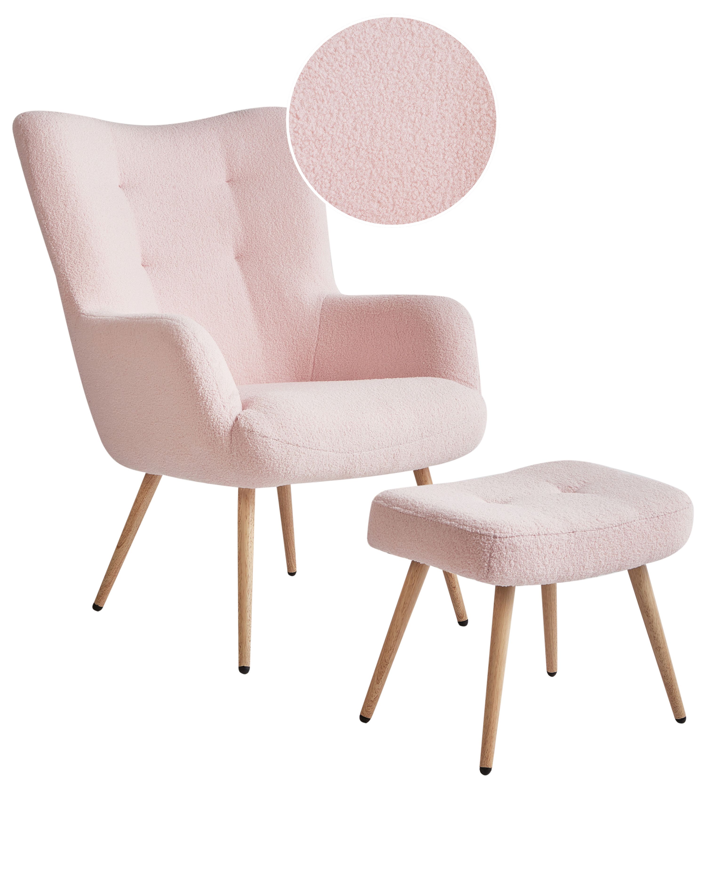 Wingback Chair VEJLE with Footstool Boucle Pastel Pink