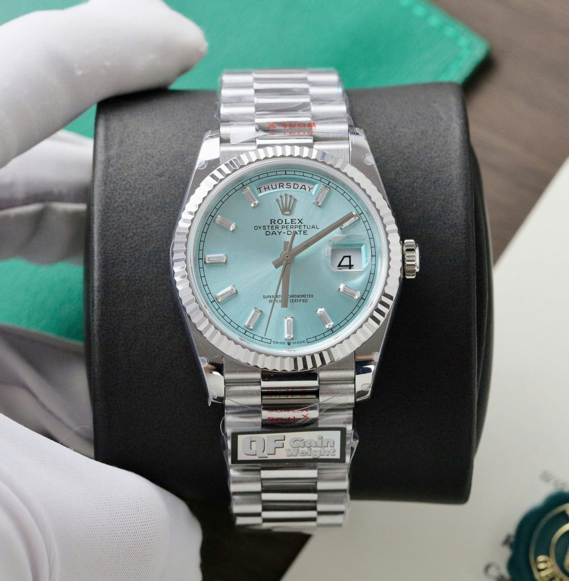 Rolex Day-Date 128236 Dial Ice Blue Replica Watch Weight 158gram QF Factory 36mm - Elite Watch Atelier