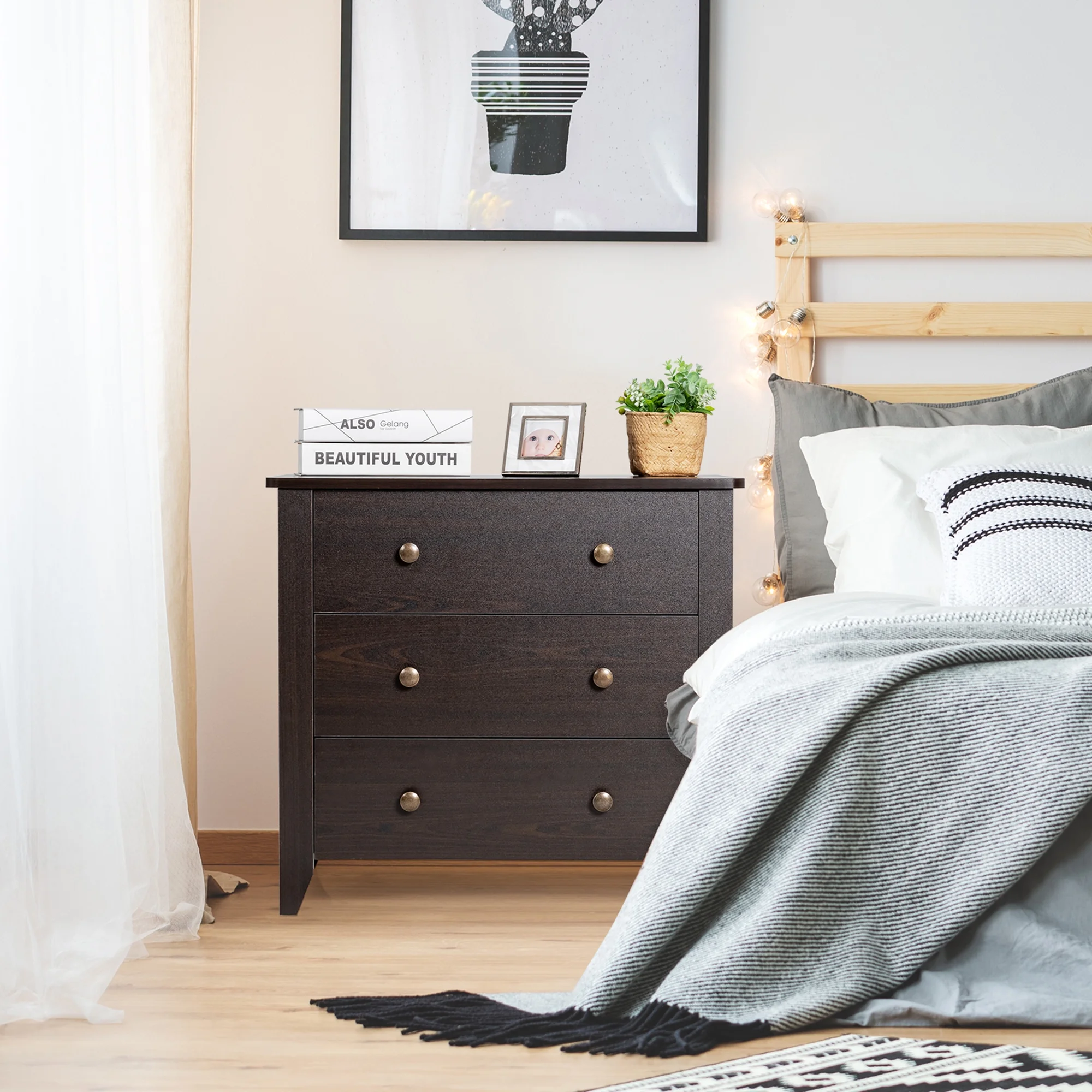 Gymax 3 Drawer Dresser Chest of Drawers Bedside Table for Living Room Bedroom Espresso - Image 5