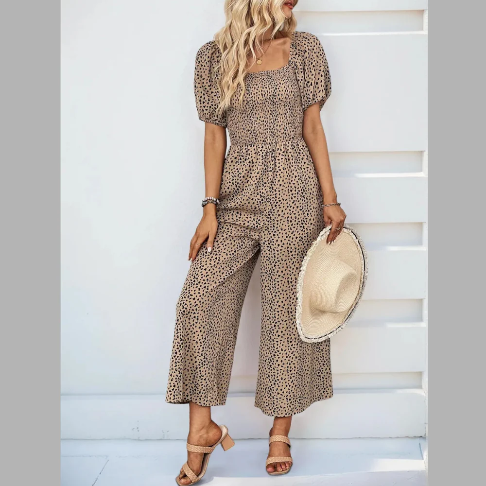 Printed Square Neck Puff Sleeve Jumpsuit - ZKZOOK