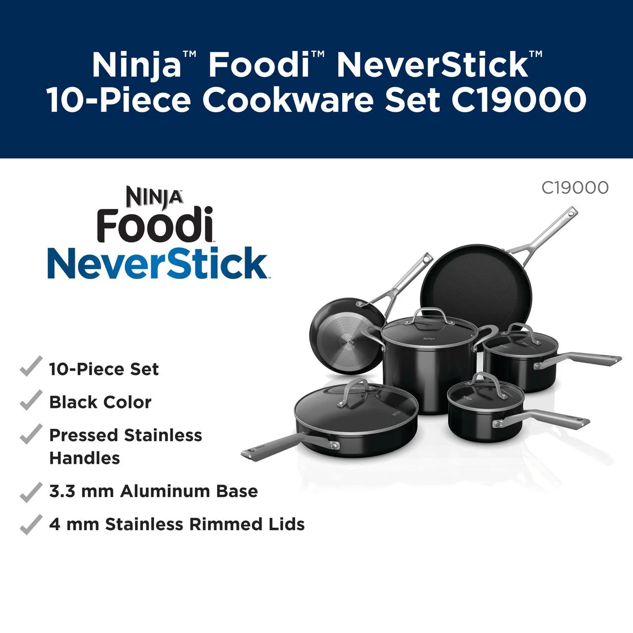Ninja C19000 Foodi NeverStick 10-Piece Cookware Set, Black - Image 4