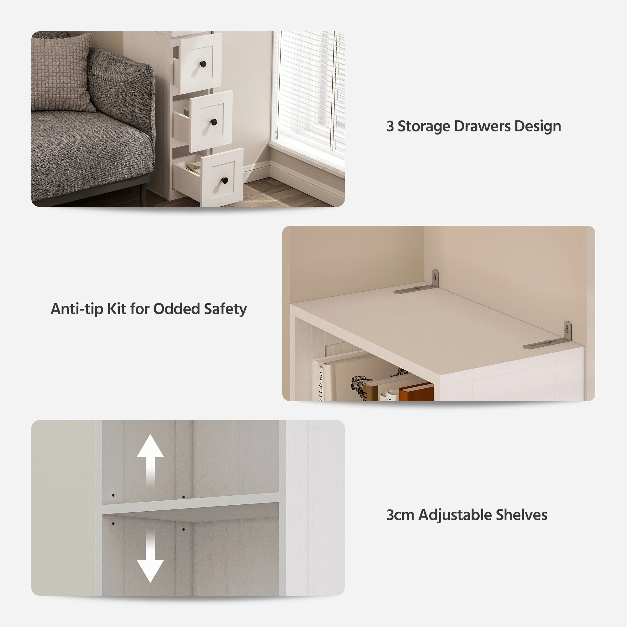 LAUSAINT HOME Bathroom Storage Cabinet, Tall Thin White Storage with 2 Adjustable Shelves & 3-level Drawers for Home, Kitchen - Image 4