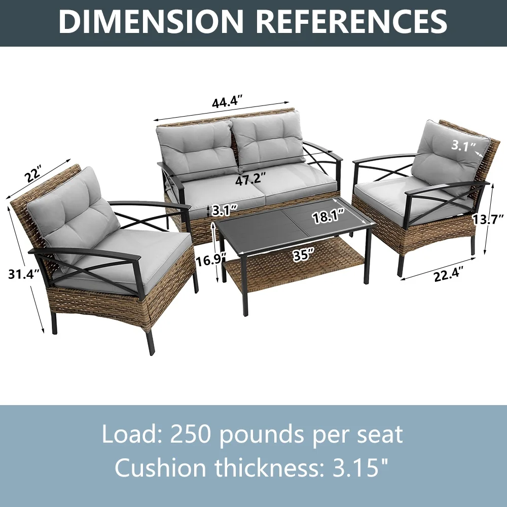 Patio Sofa Set, 4 Pieces Outdoor Sectional Furniture, All-Weather PE Rattan Wicker Patio Conversation Set, Cushioned Sofa Set with Coffee Table for Patio Garden Poolside Deck - Image 4