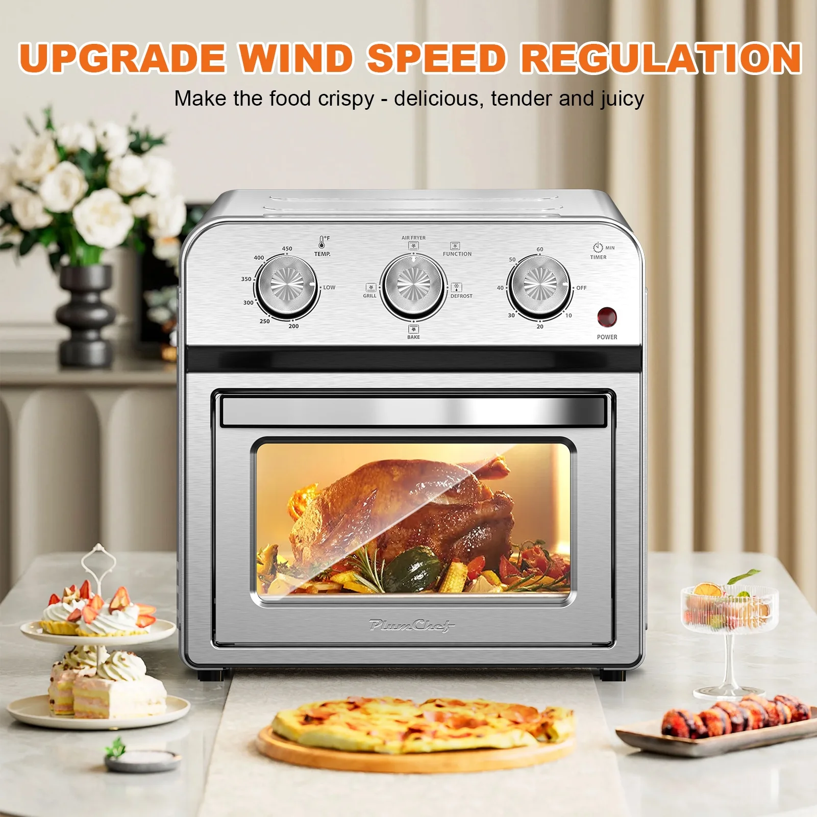 Plum Chef 13QT Air Fryer Toaster Oven Combo, 7-in-1 Multifunctional Countertop Oven with 360�� Hot Air Circulation for Healthy Oil-Free Cooking, Family Size, Stainless Steel, Silver
