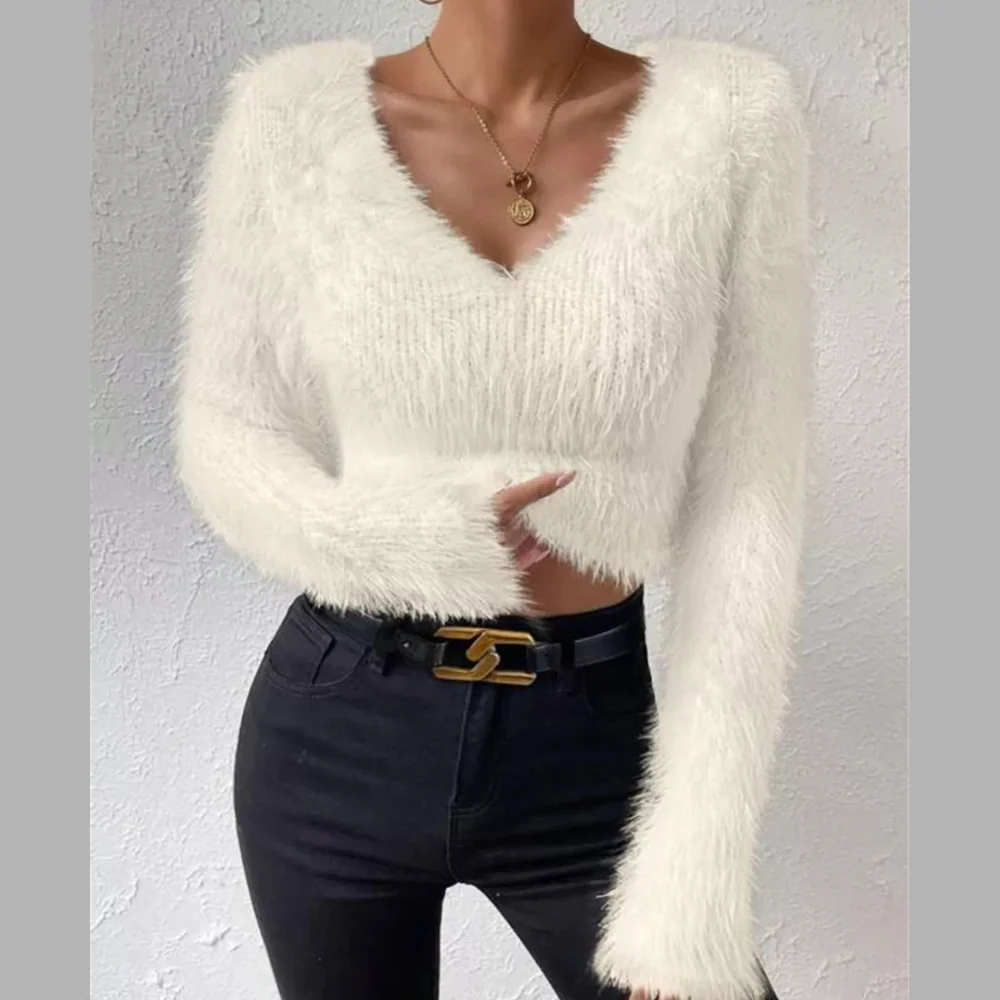 Fluffy Knit V-Neck Sweater - ZKZOOK