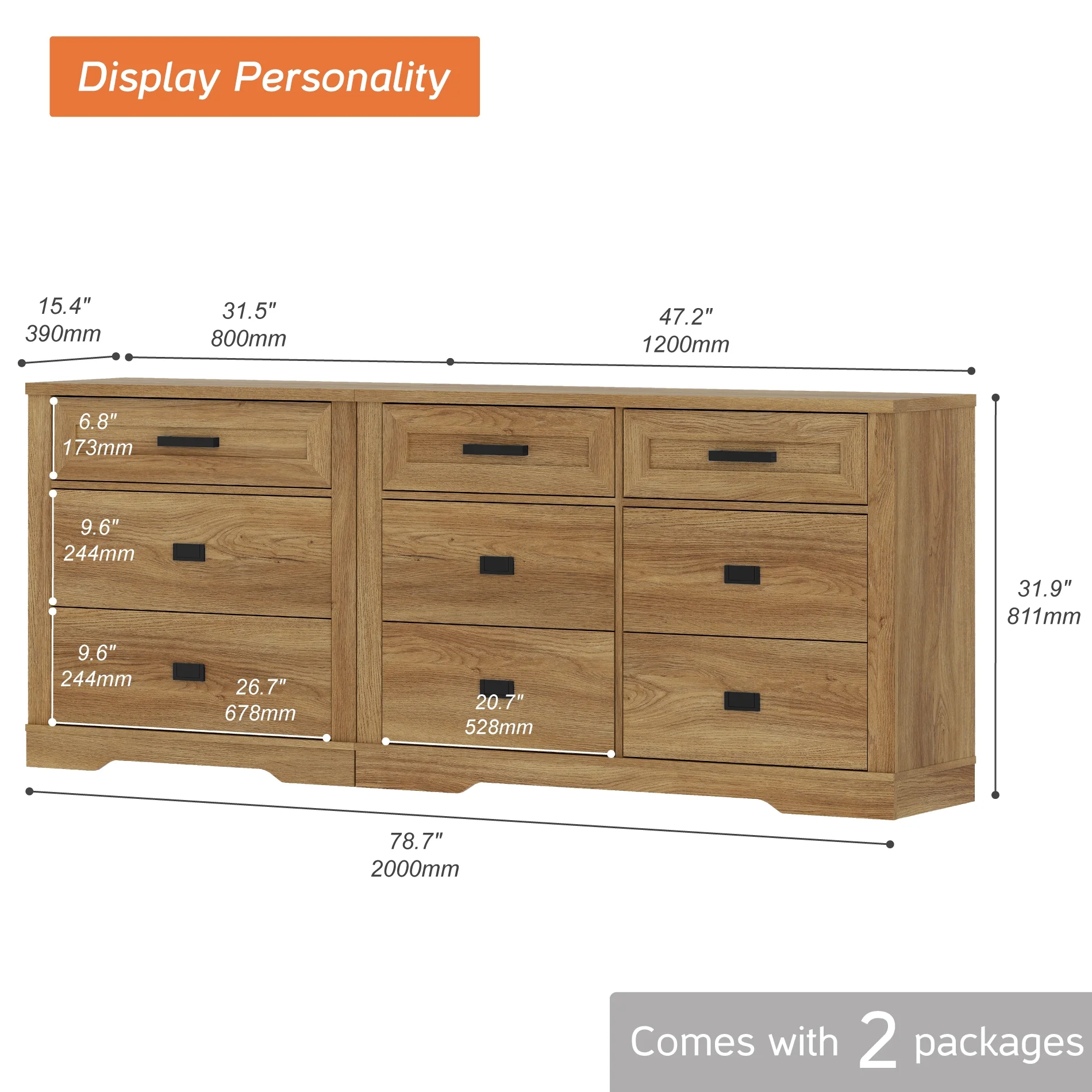 WAMPAT 2 in 1 Dresser with 9 Drawers for Bedroom, Wooden Dressers with Wide Chest of Drawers,Modern Farmhouse Dresser TV Stand with Metal Handles for Living Room, Hallway,Vintage Oak