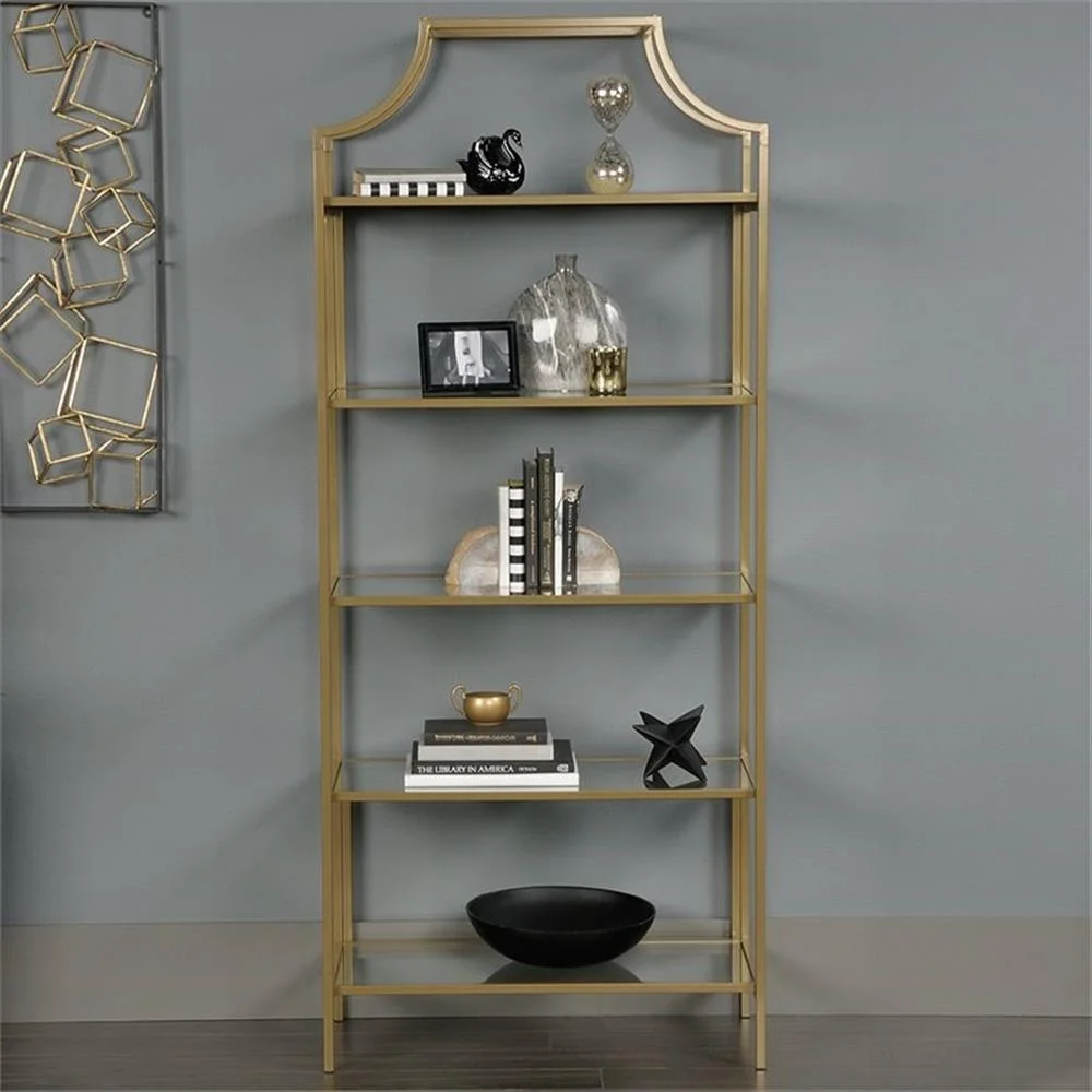 Pemberly Row 5-Shelf Modern Metal Bookcase in Gold Satin/Faux Deco Stone - Image 25
