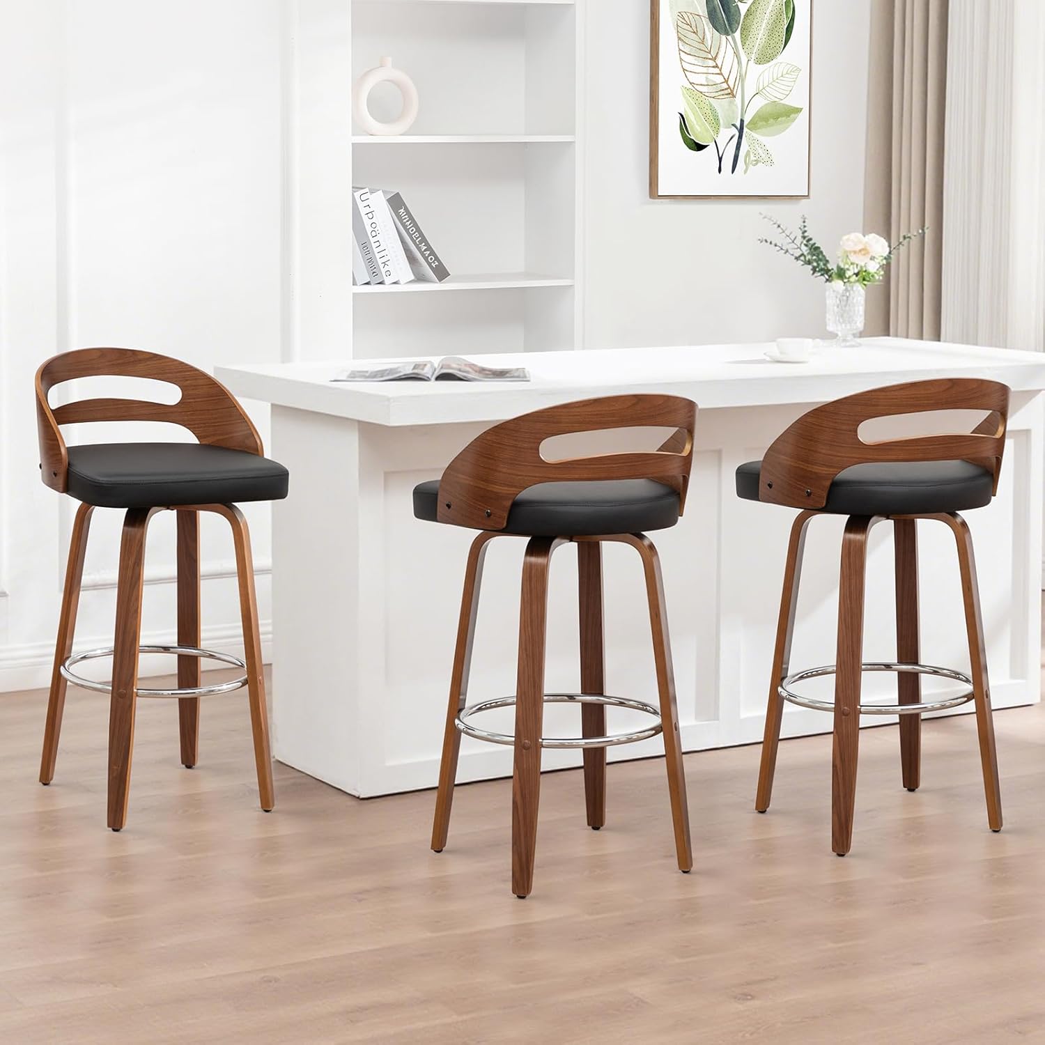 Swivel Bar Stools Set of 3, 30 inch Mid Century Bar Stools with Bentwood Curved Back, Walnut Craftsmanship, Upholstered Faux Leather, Bar Height BarStools for Bar/Cafe/Pub (Black, 30