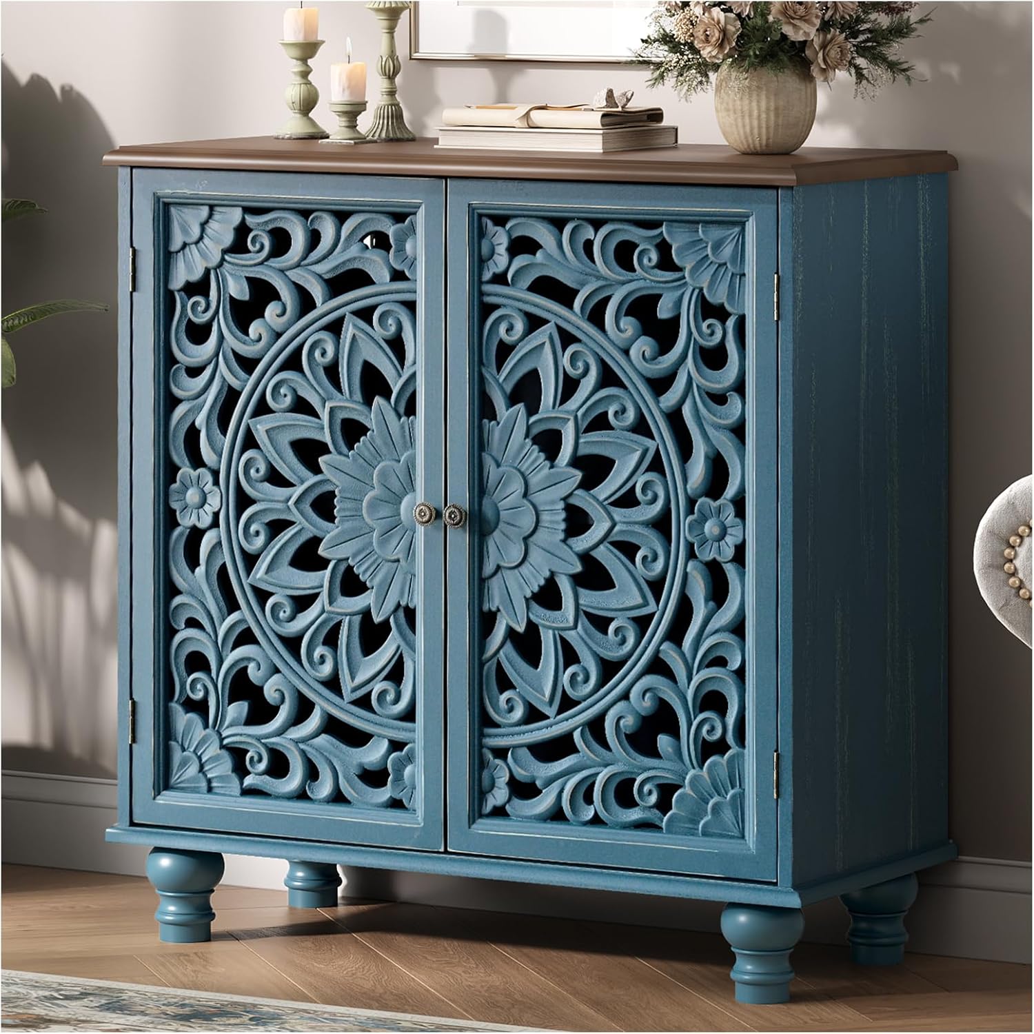 JOINICE Blue Accent Cabinet with Carved Doors, 31