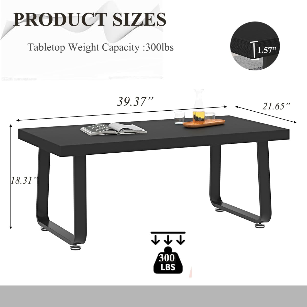 HSH Black Modern Coffee Table, Rustic Wood and Metal Center Table, Farmhouse Simple Living Room Coffee Tables, Industrial Minimalist Wooden Tea Coffee Table for Bedroom Home Office, Black Oak, 39 in