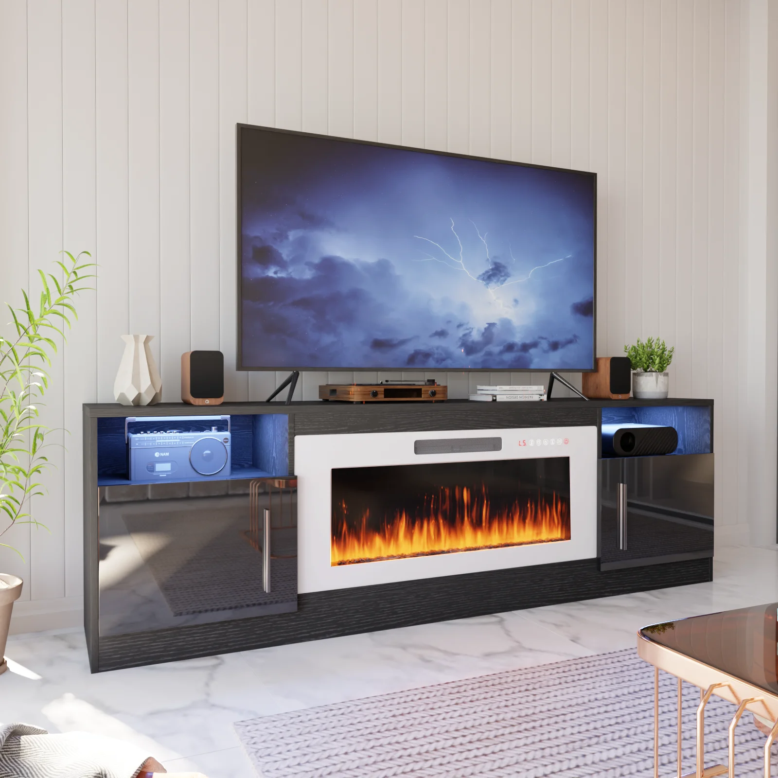 Waleaf Fireplace TV Stand with 36" Electric Fireplace Up to 80" TVs, Modern Wood Media TV Console with Highlight Cabinet, White - Image 20