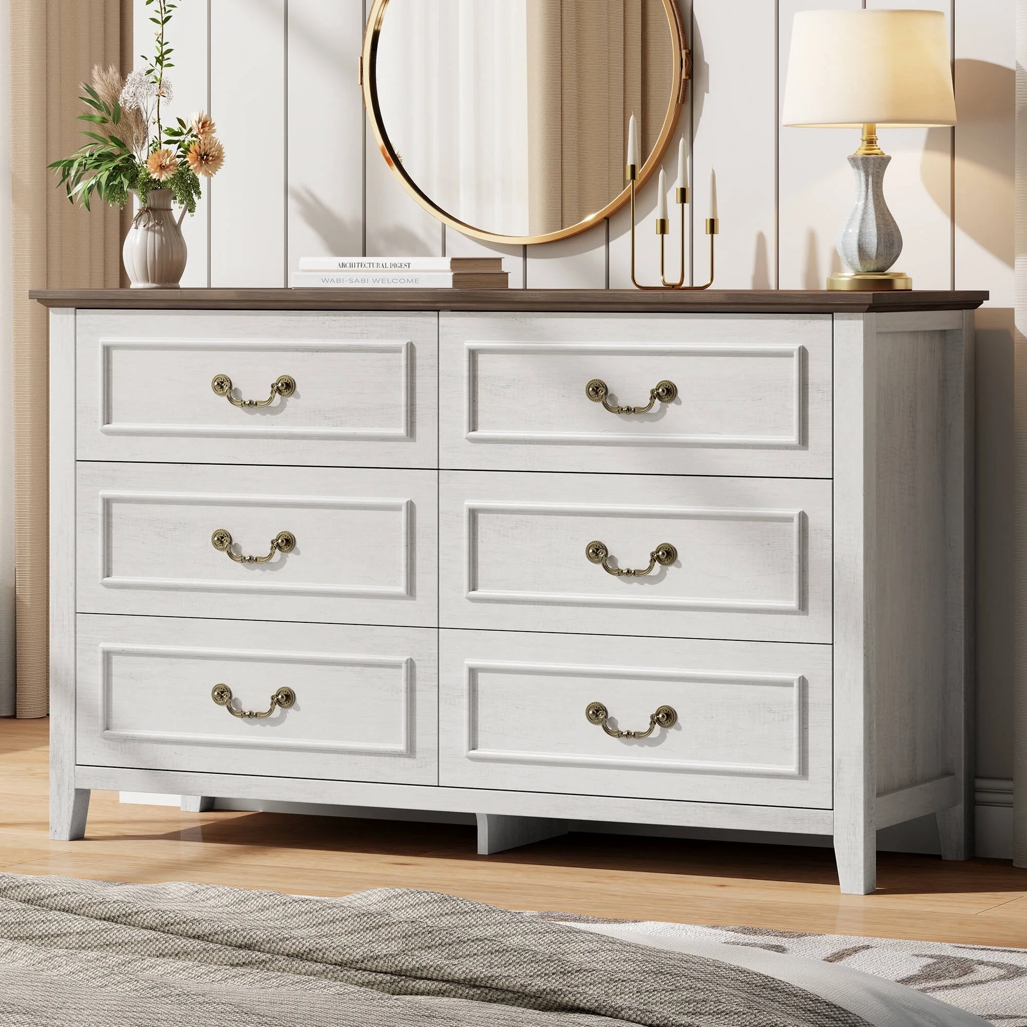 LainTene Dresser for Bedroom, Farmhouse White Dresser with Antique Handles, Vintage 6 Drawers Dresser, Chest of Drawers Storage Cabinet for Living Room, Entryway - Image 2