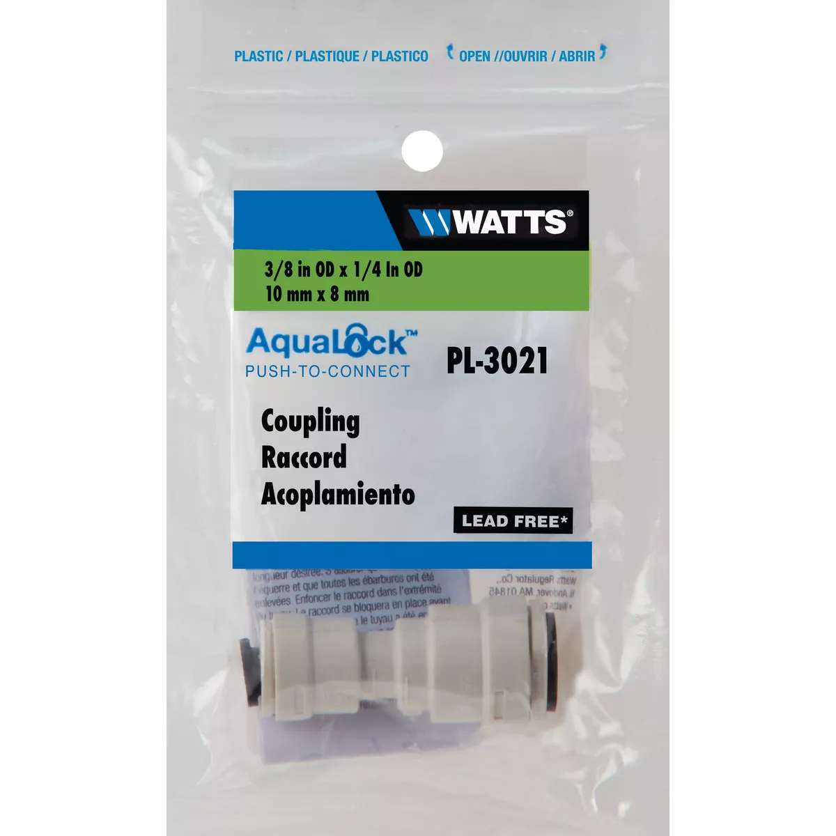 Watts Aqualock 3/8 In. x 1/4 In. Push-to-Connect Reducing Plastic Coupling
