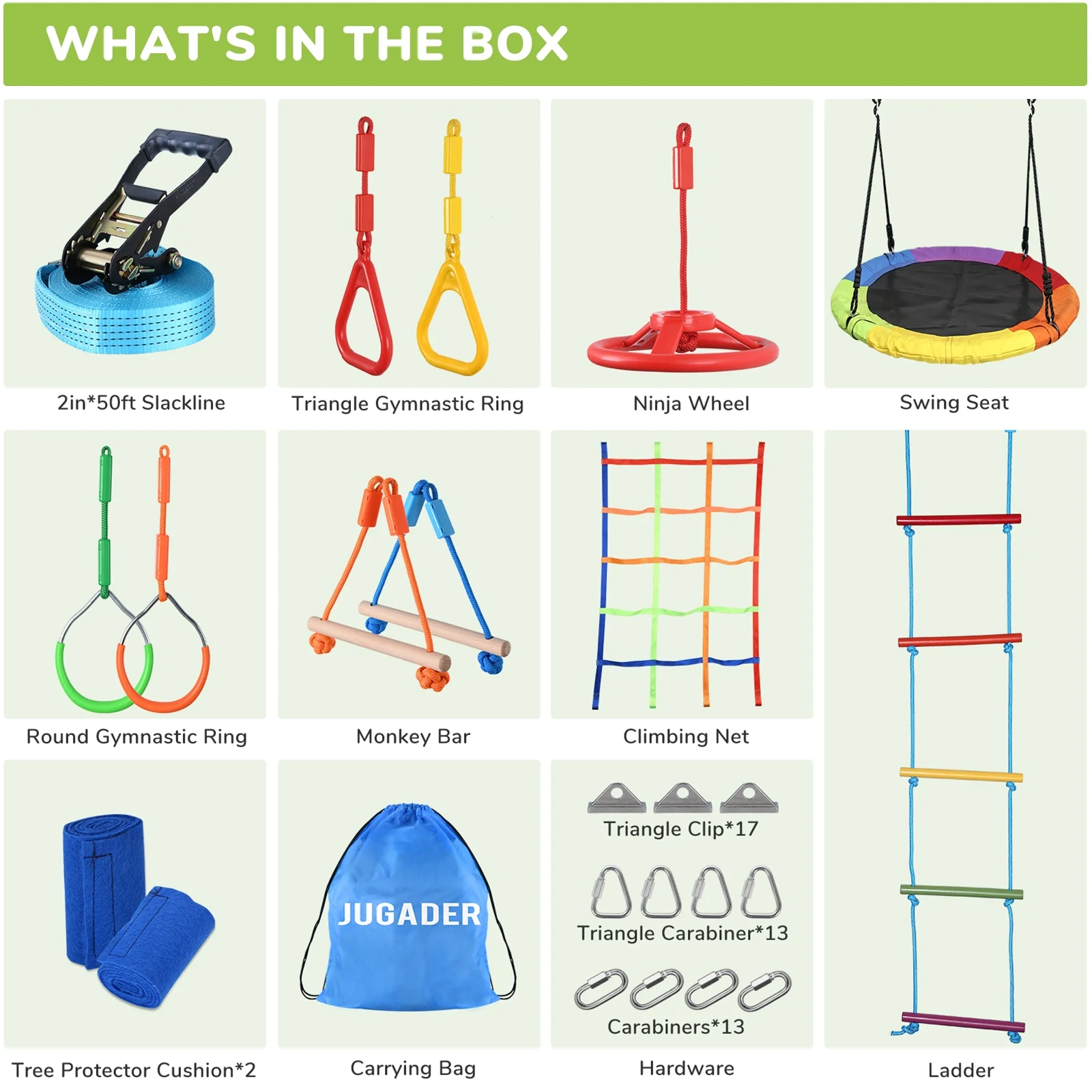 KloKick 50ft Ninja Warrior Obstacle Course with Slackline Monkey Bars and Saucer Swing - Image 3