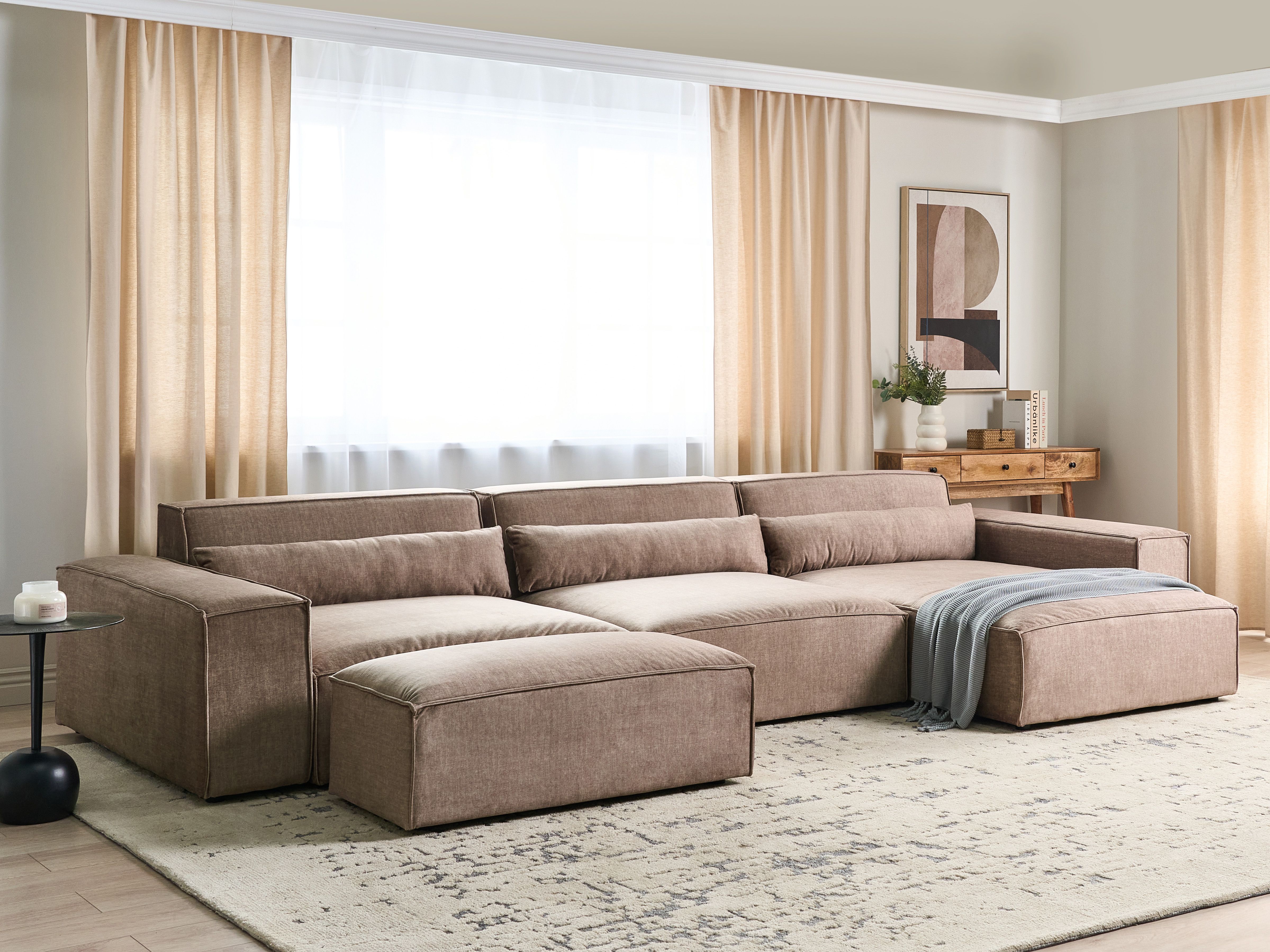 Modular Corner Sofa 5 Seater HELLNAR Fabric Light Brown with Ottoman Left Hand