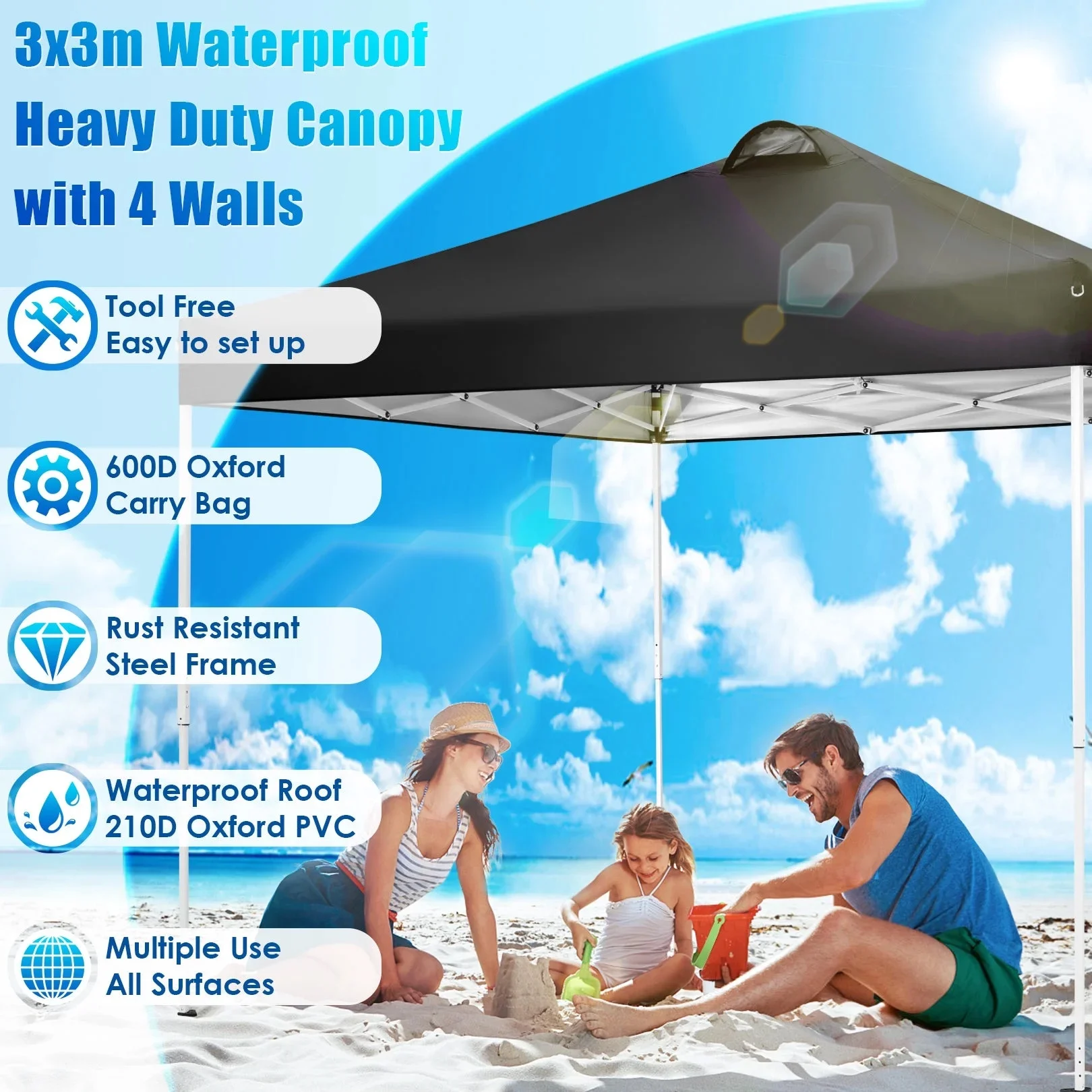 COBIZI 10x10 EZ Pop up Canopy Gazebo with Sidewalls,Pop up Canopy Tent Instant Shelter for Outdoor Party Camping Backyard Beach with Air Vent ,Carry Bag,Stakes,Ropes,Black - Image 7