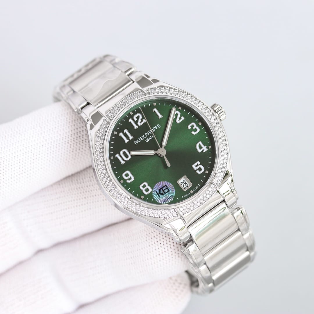 Fake Diamond Watch For Women Patek Philippe Replica Twenty~4 Ladies Stainless Steel Olive Green Dial 7300/1200A-011(1:1 replica) - Top club