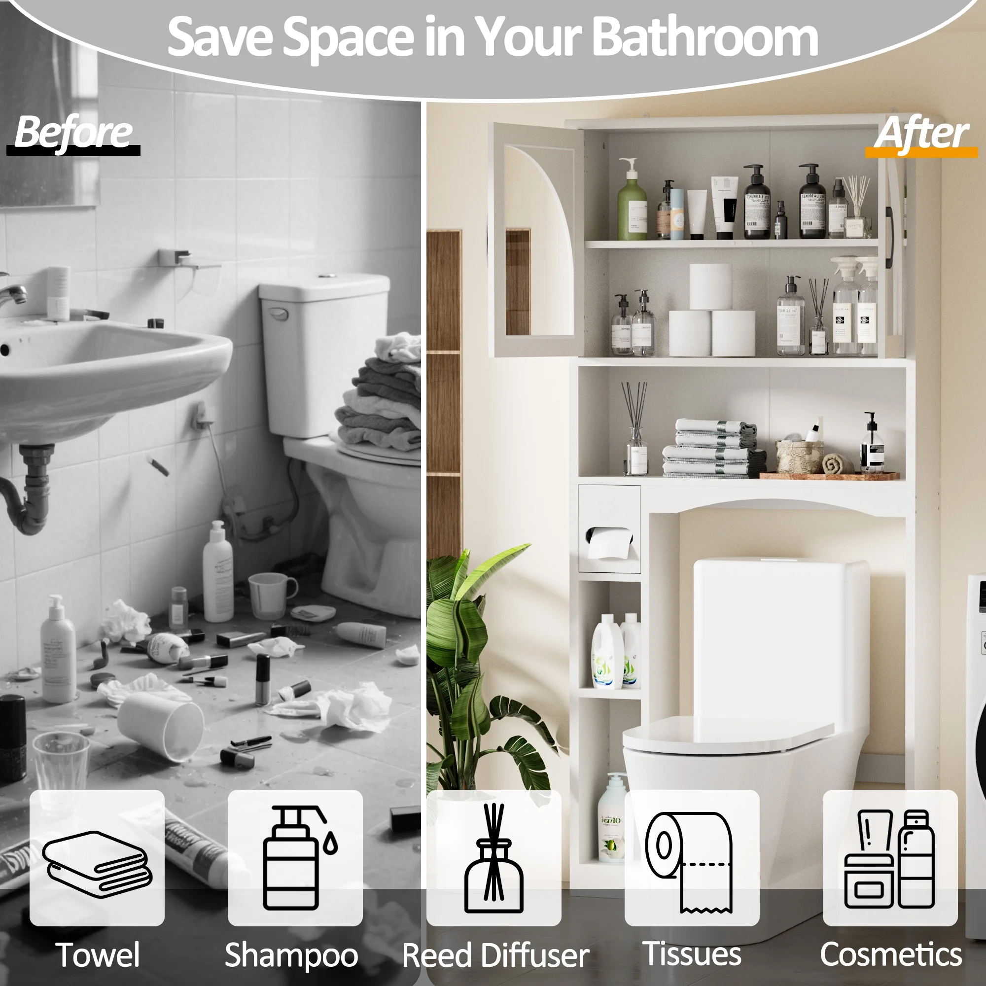 HARIPUL Over The Toilet Storage Cabinet w/ Unique Wood Grain & Arc Design, Freestanding Bathroom Shelf Organizer Space Saver w/ Doors & Anti-Tip Device, Wood Color - Image 24