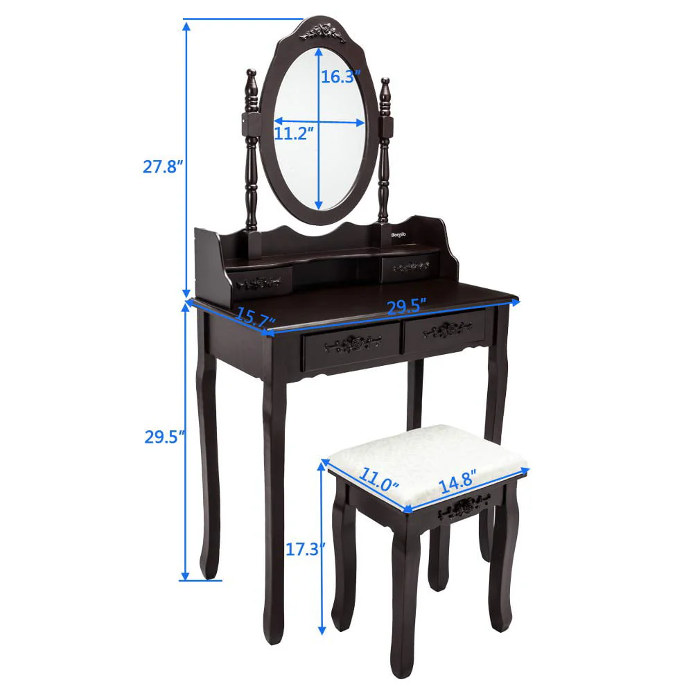 UBesGoo 4 Drawer Vanity Makeup Dressing Table Set w/Stool&Mirror Jewelry Wood Brown - Image 6