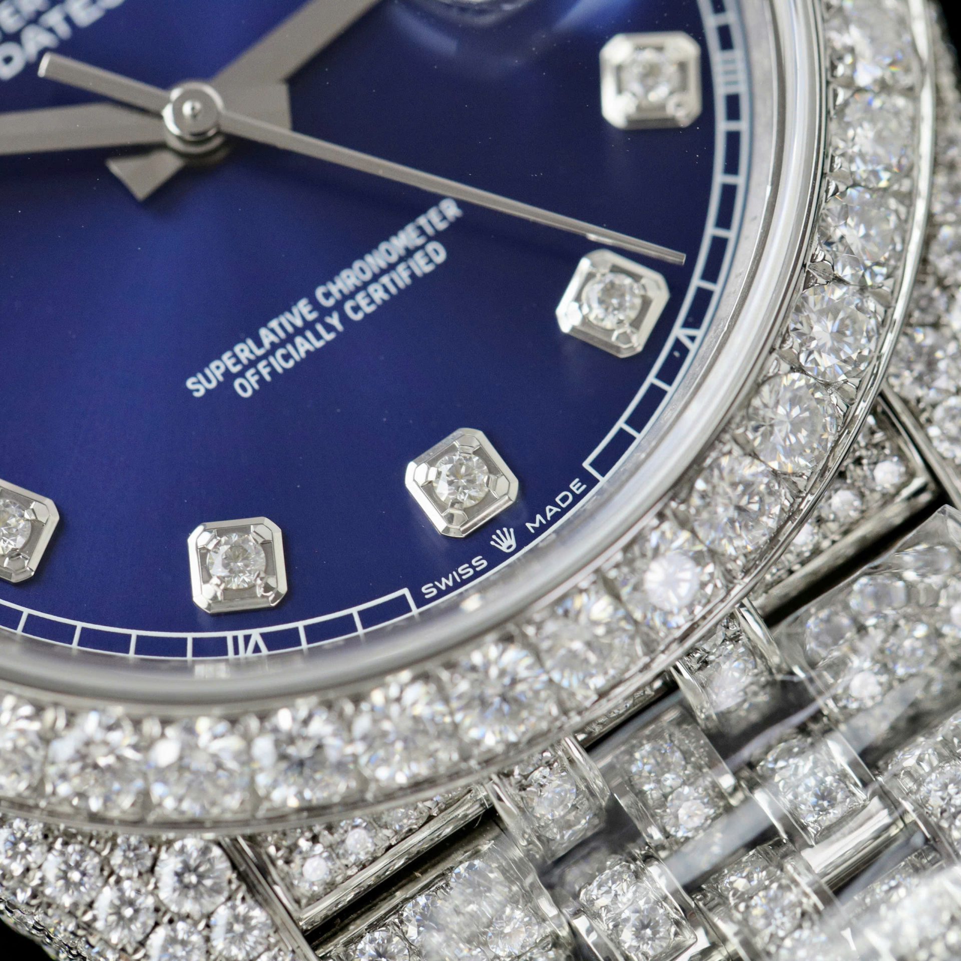 Rolex DateJust Blue Dial Copies Watches Custom Moissanite Diamonds 36mm - Elite Watch Atelier