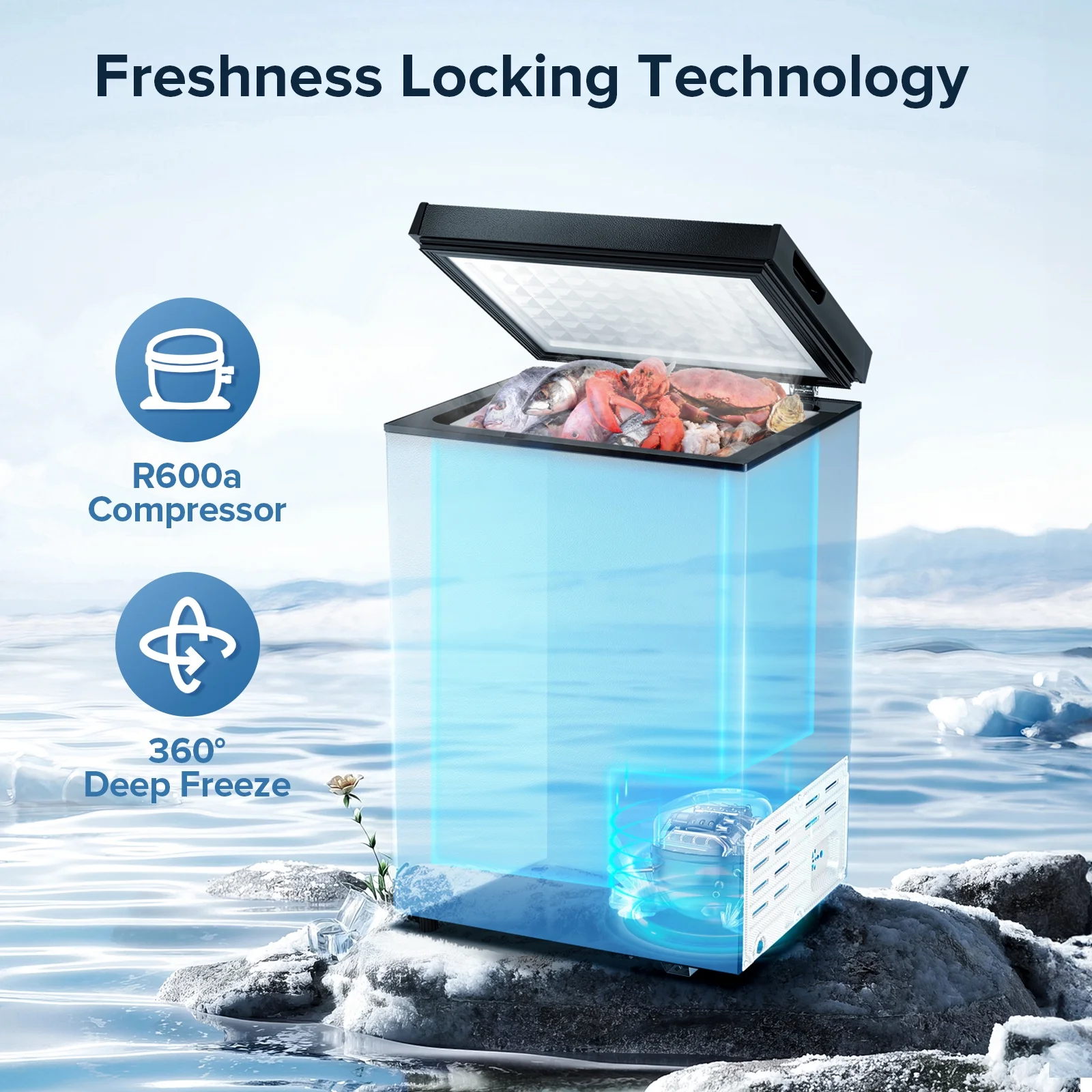 Auseo Mini Freezer Chest 3.5 cu ft, Black Deep Freezer & Side Handle, Compact Freezer with 7 Gear Adjustable Temperature, Removable Storage Basket*2, Energy Saving - Image 6