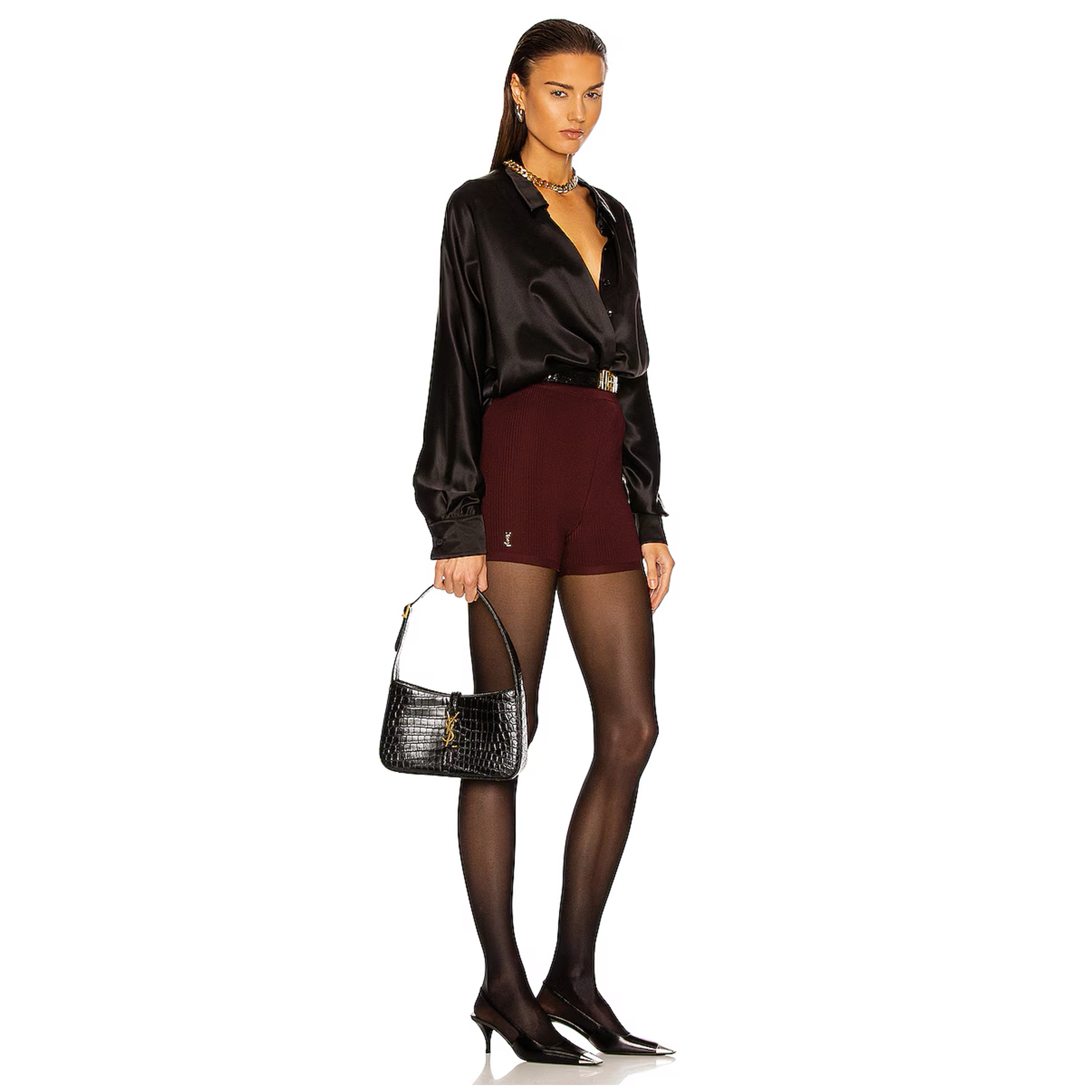 Saint Laurent Le 5 à 7 Crocodile-Embossed Leather Hobo Bag - Black - COZYMIZE