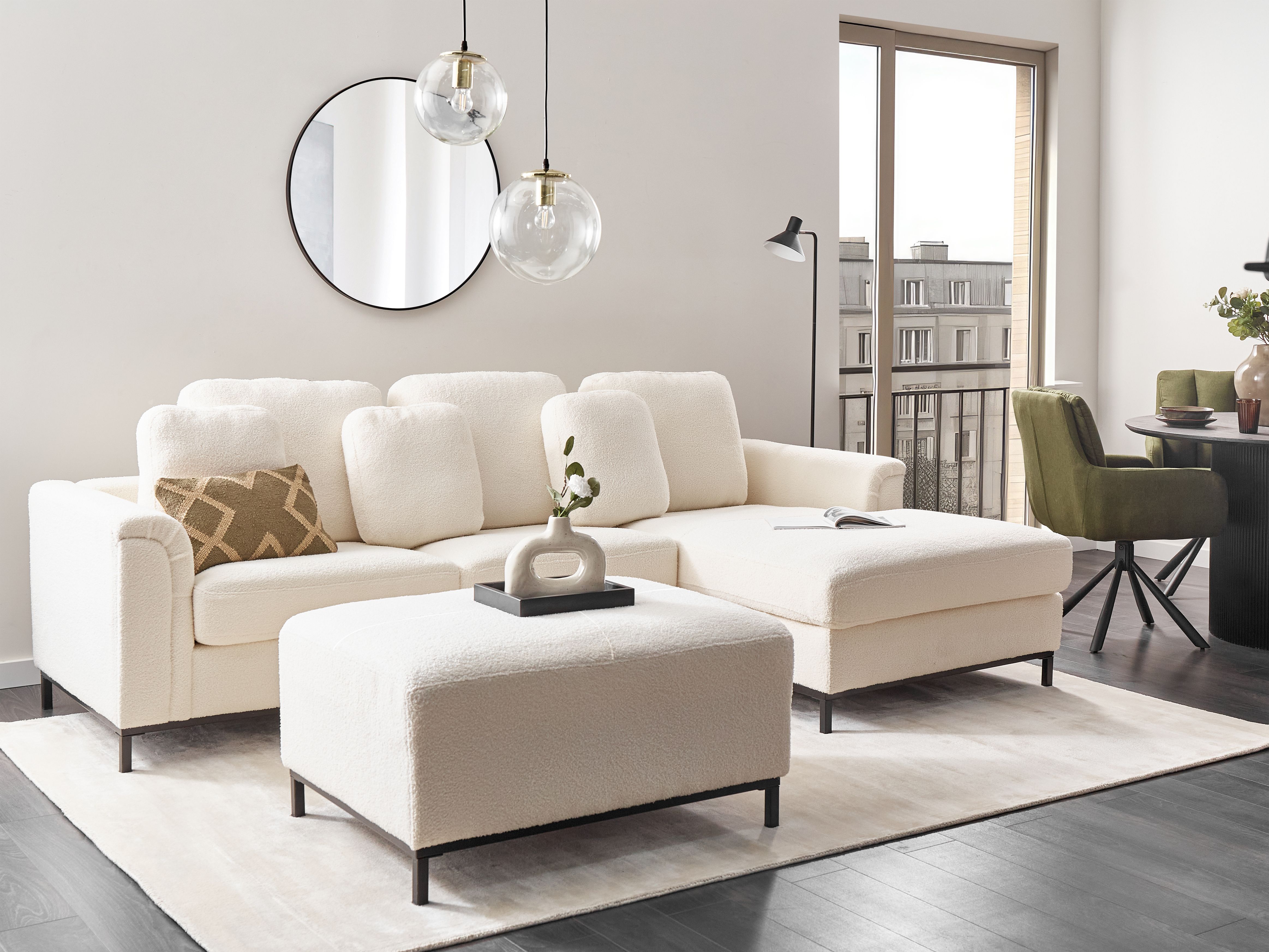 Corner Sofa 5 Seater OSLO Boucle White with Ottoman Left Hand