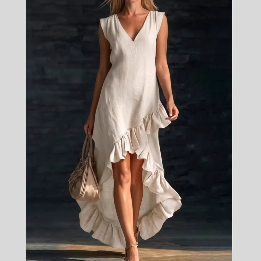 Sleeveless V-Neck Ruffle Hem High-Low Dress - ZKZOOK