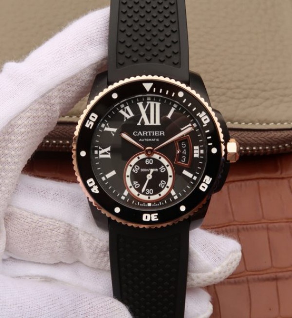 Replica Cartier JJF Calibre De Cartier Diver DLC Black Dial RG Bezel Black Rubber Strap A23J - Top club