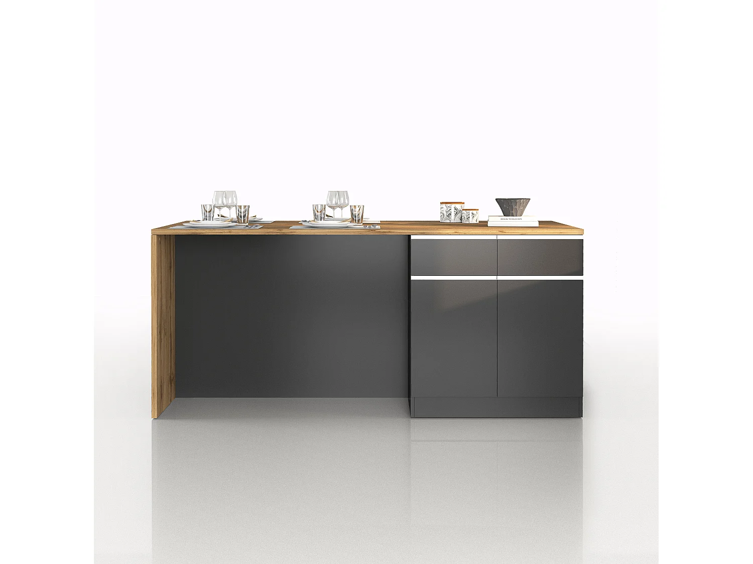 Îlot de cuisine Sole avec 4 portes et 4 tiroirs anthracite mat/chêne 200x90x90 cm