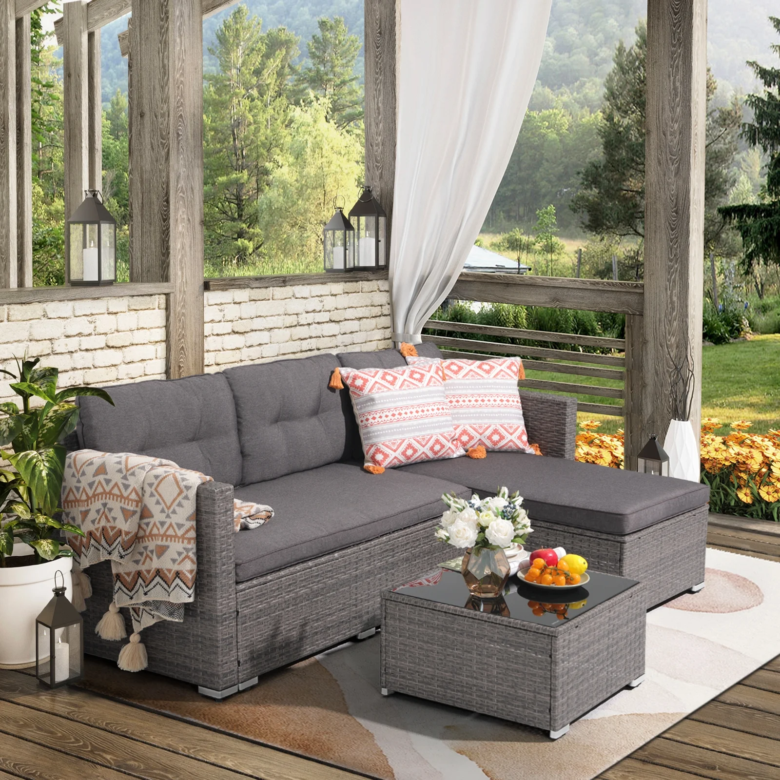 JOIVI 3 Pieces Patio Conversation Set, PE Wicker Rattan Outdoor Furniture Set, 2 Ways Small Sectional Sofa, Tempered Glass Coffee Table, Silver-Gray - Image 41