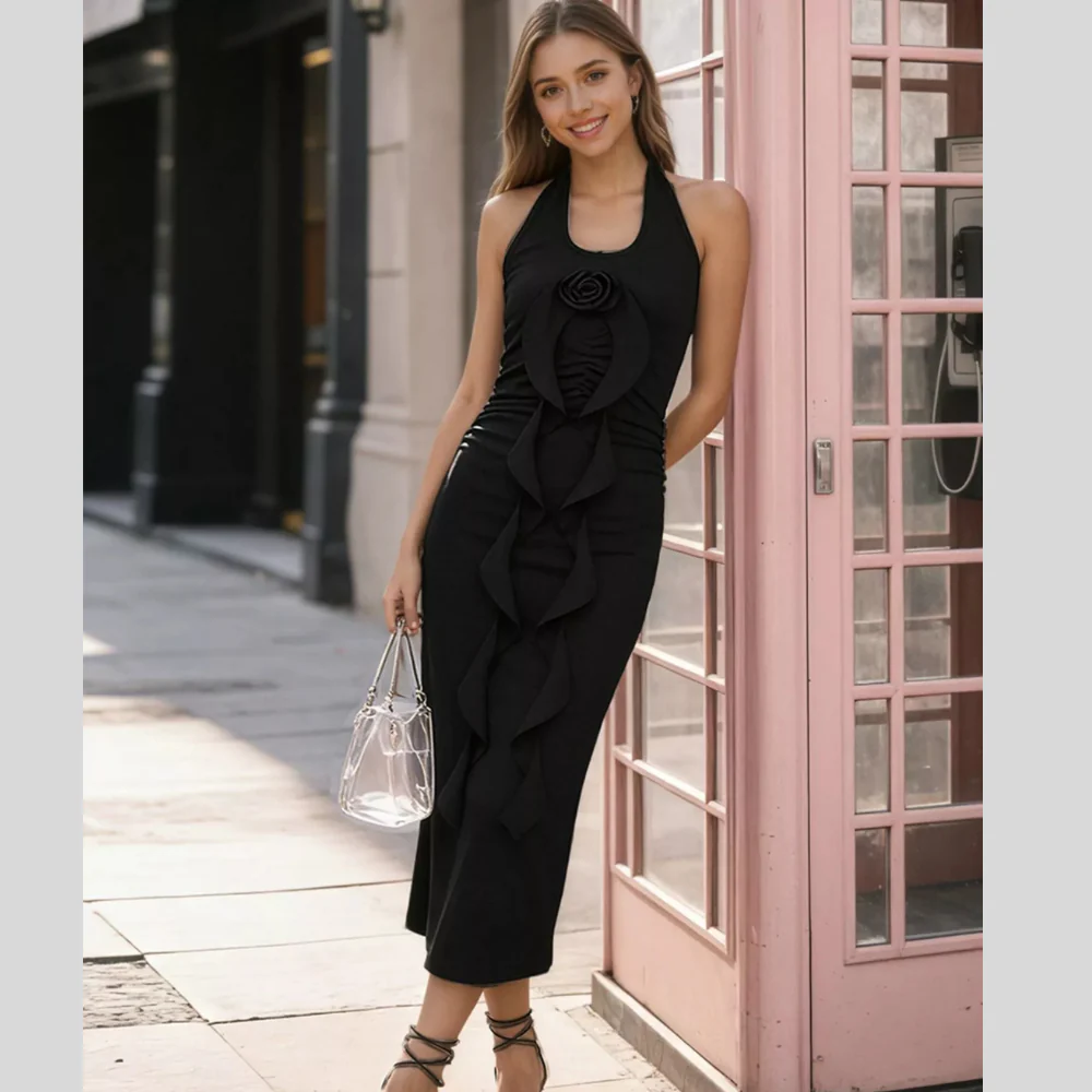 Halter Neck Ruffle Midi Dress - ZKZOOK