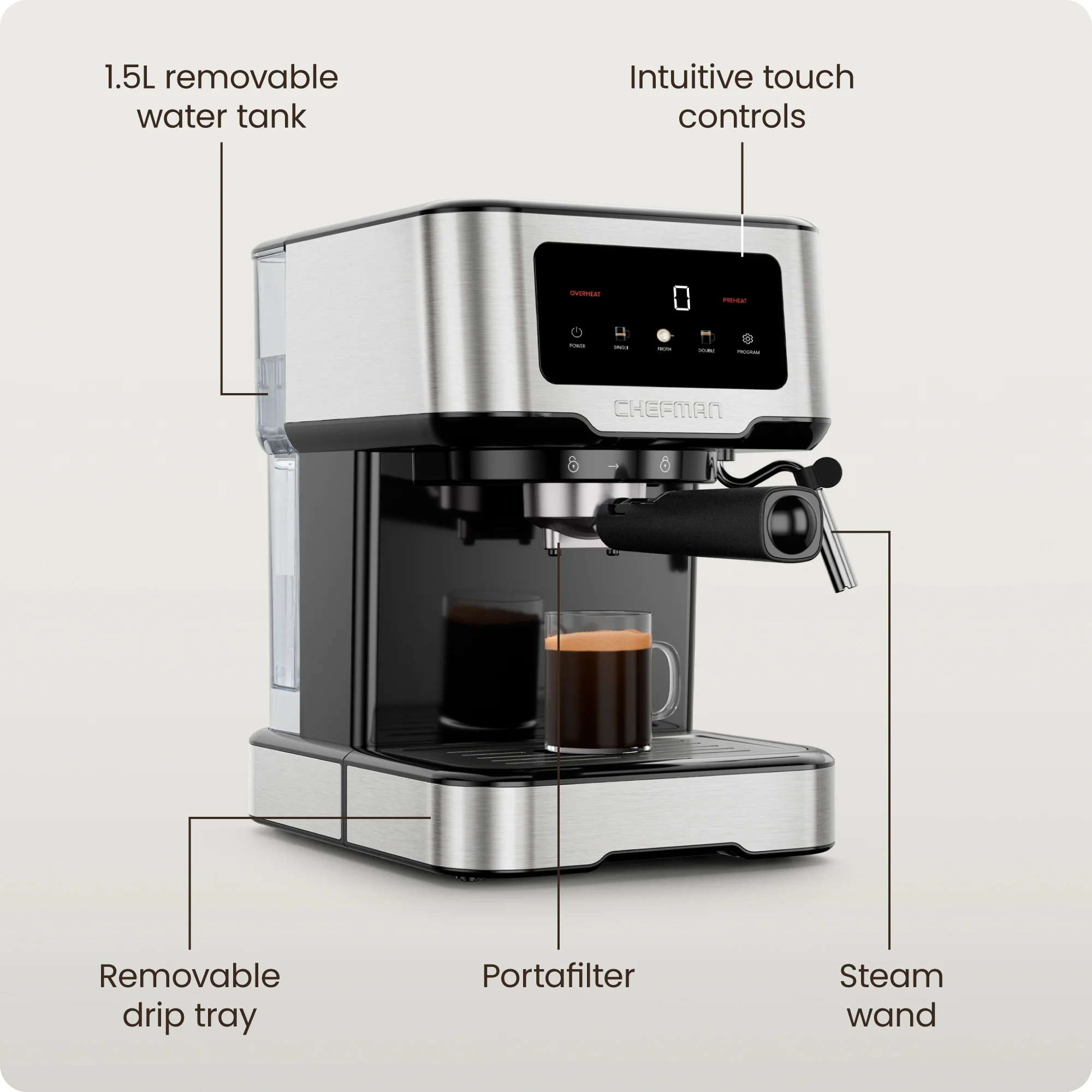 Chefman CraftBrew Espresso Machine w/ Steam Wand and Touch Controls �C Stainless Steel