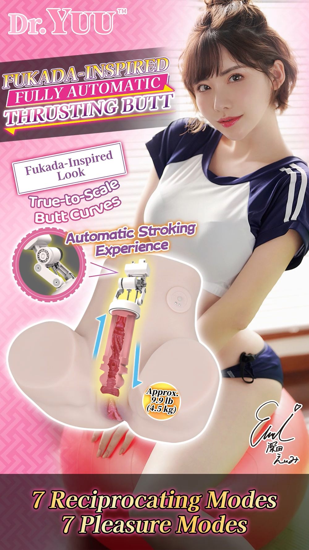 Dr.YUU Fukada automatic thrusting ass masturbator video showcasing 7 stroking modes, a 1.2 inch stroke length, layered internal textures, waterproof magnetic charging, and versatile positioning options
