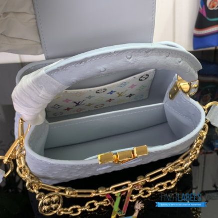 Powder Blue Ostrich Leather Mini Handbag with Gold Charm Chain1:1High-quality replica