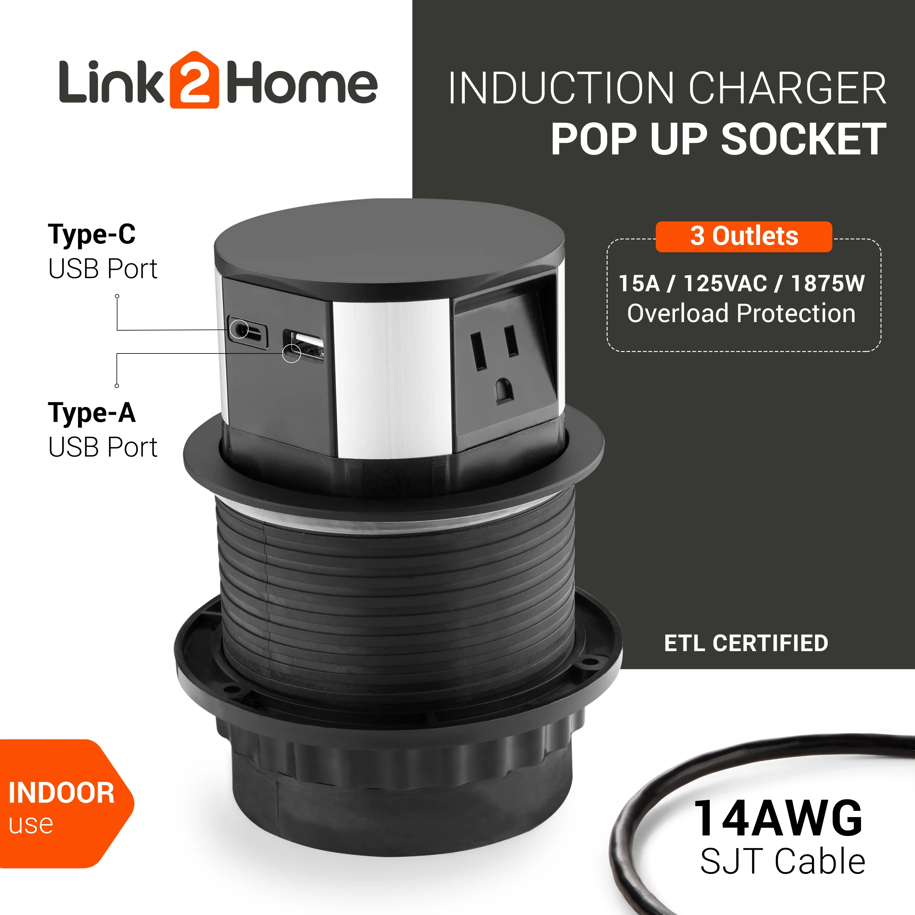 Link2Home Pop Up Outlet, 15A 125V 10W Stainless Steel AC Electrical Outlet