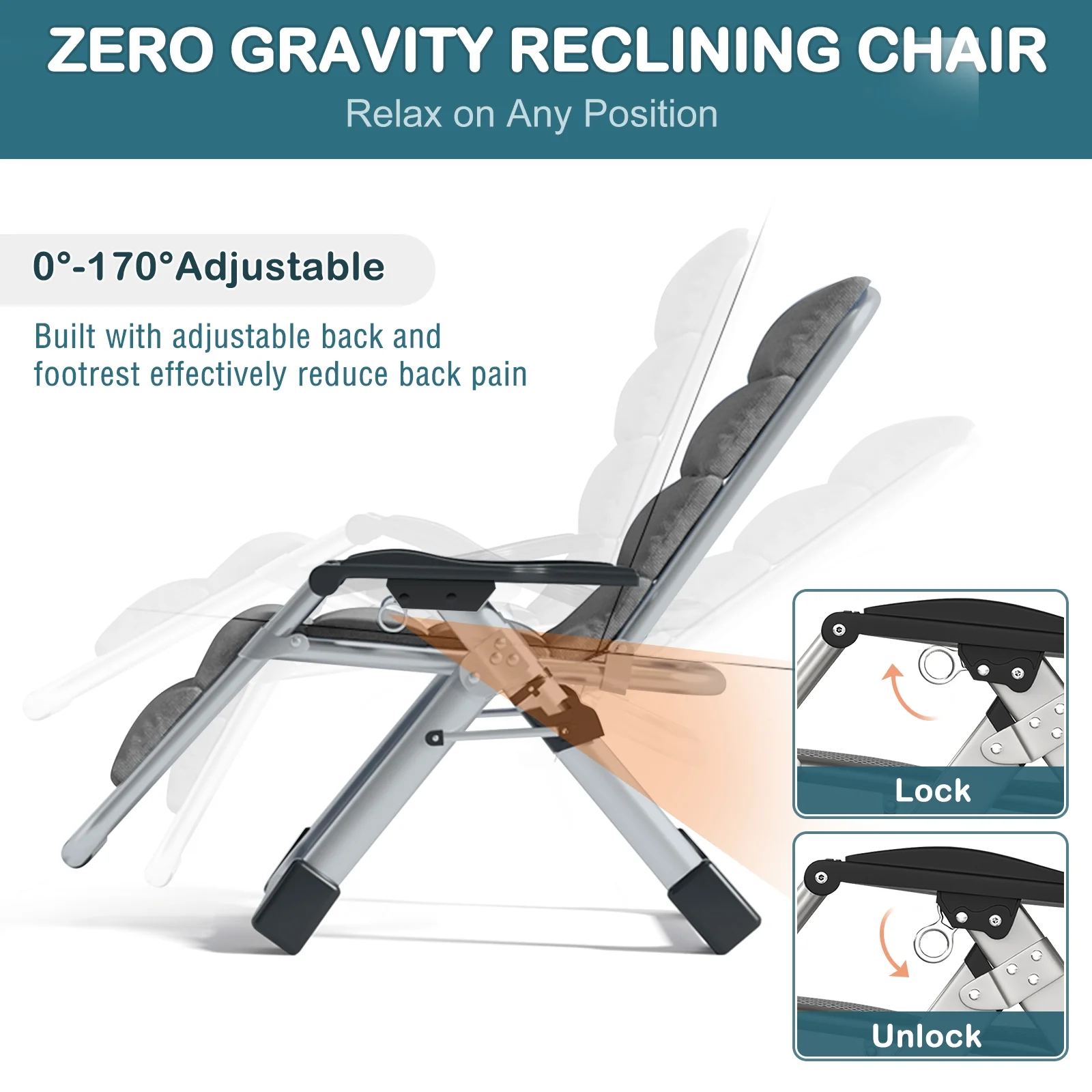NAIZEA Zero Gravity Chair with Removable Cushion and Cup Holder Black - Image 50