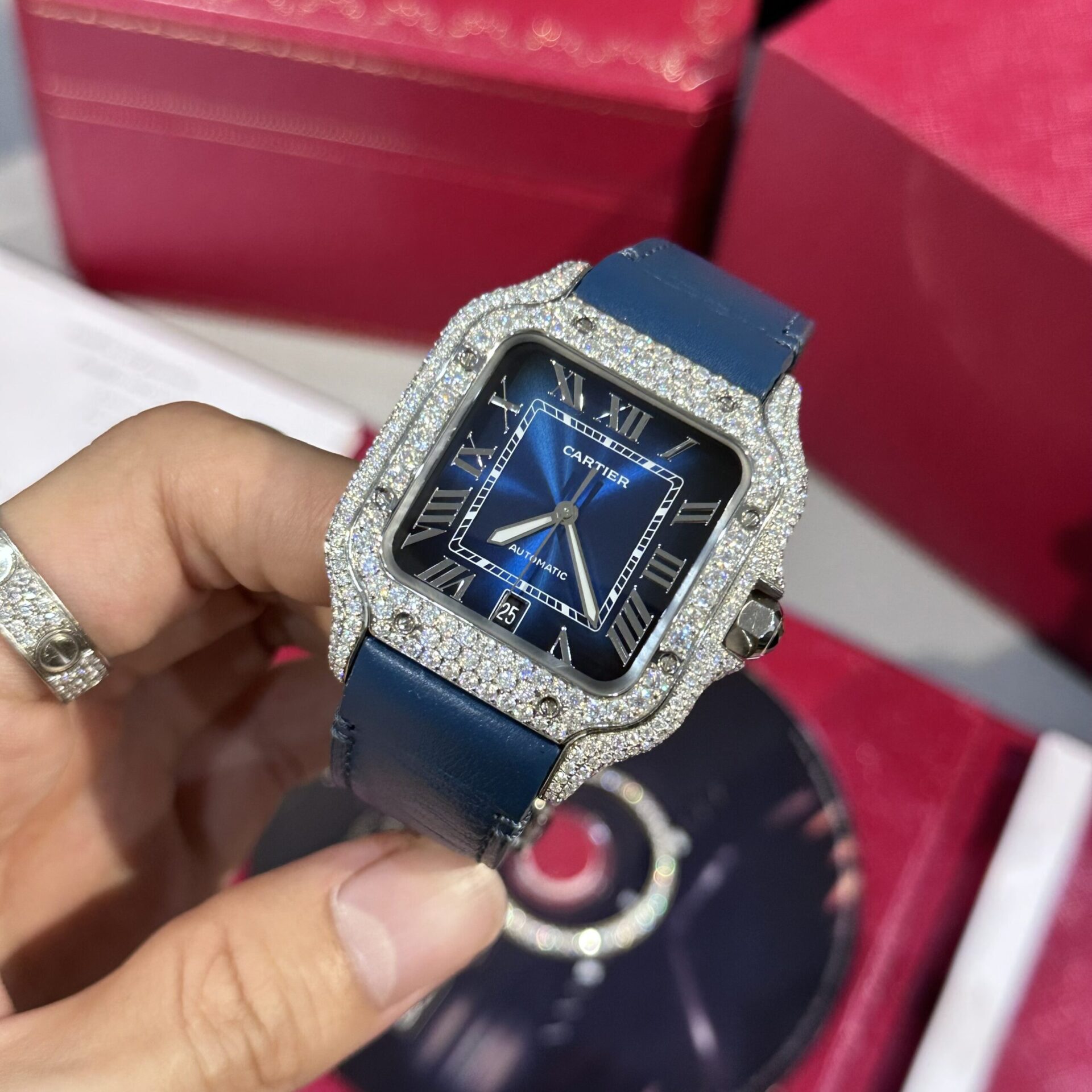Cartier Santos Replica Watch Blue Dial Custom Moissanite Diamonds 39.8mm - Top club
