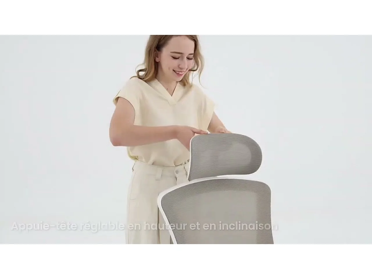 Chaise de bureau ergonomique – Dossier haut en mesh, soutien lombaire et appuie-tête réglables, accoudoirs relevables – Kaki