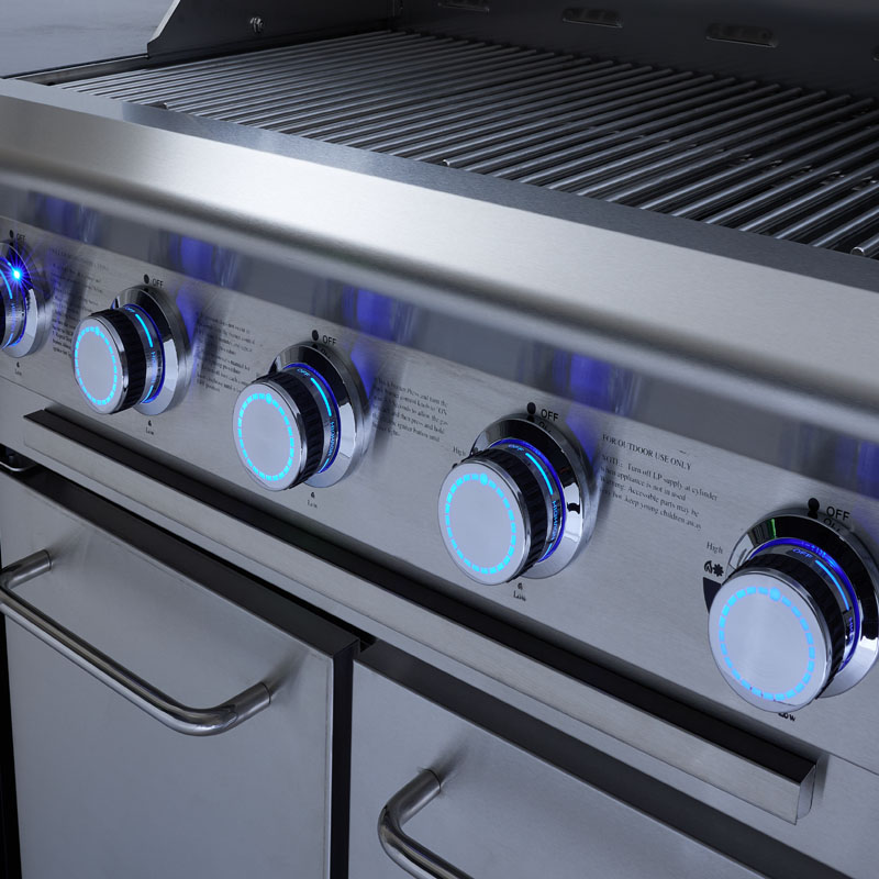Premium Korean Style Silver Outdoor Kitchen Gas BBQ Grill Stainless Steel 5+1 Burner Electronic Ignition Non-Stick Surface