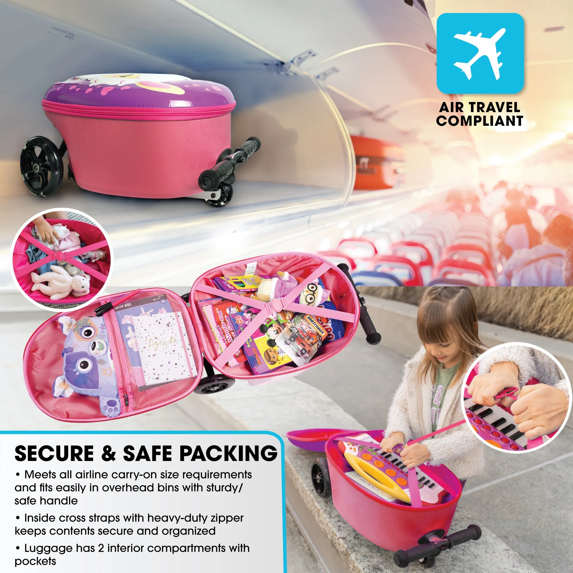 Kiddietotes Kid's Hard Shell Scooter Ride On Suitcase, Pink - Image 56